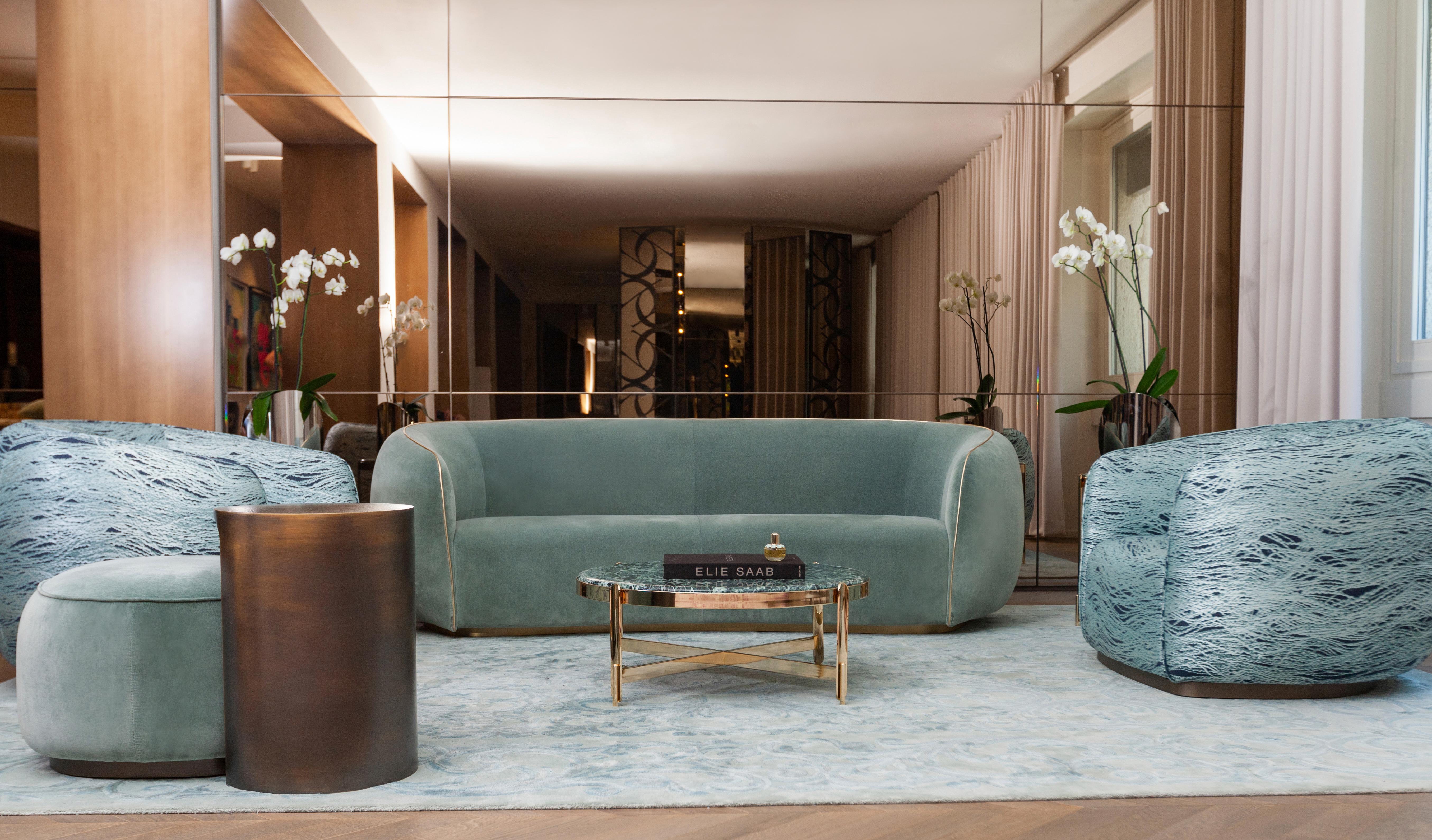Bronzed 21st Century Art Deco Elie Saab Maison Marino Acqua Fabric Elite Armchair, Italy For Sale