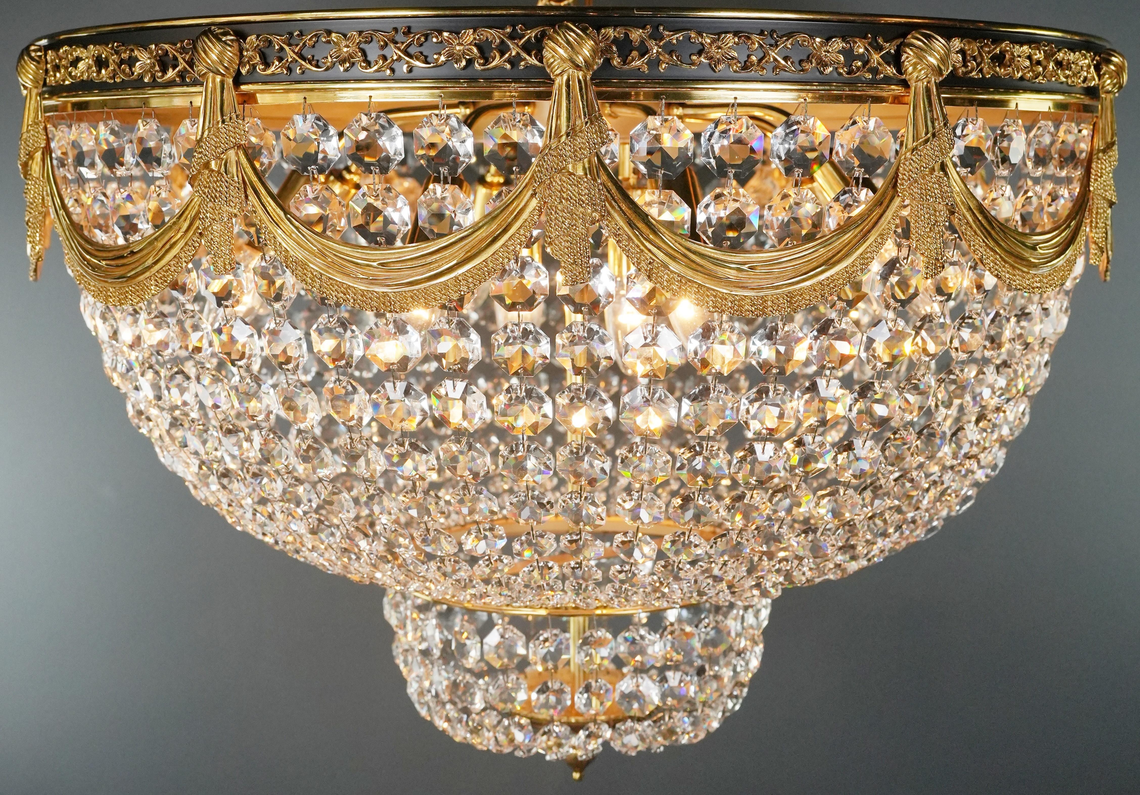 German 21st Century Art Deco Low Plafonnier Crystal Chandelier in Gold Lustre Brass For Sale