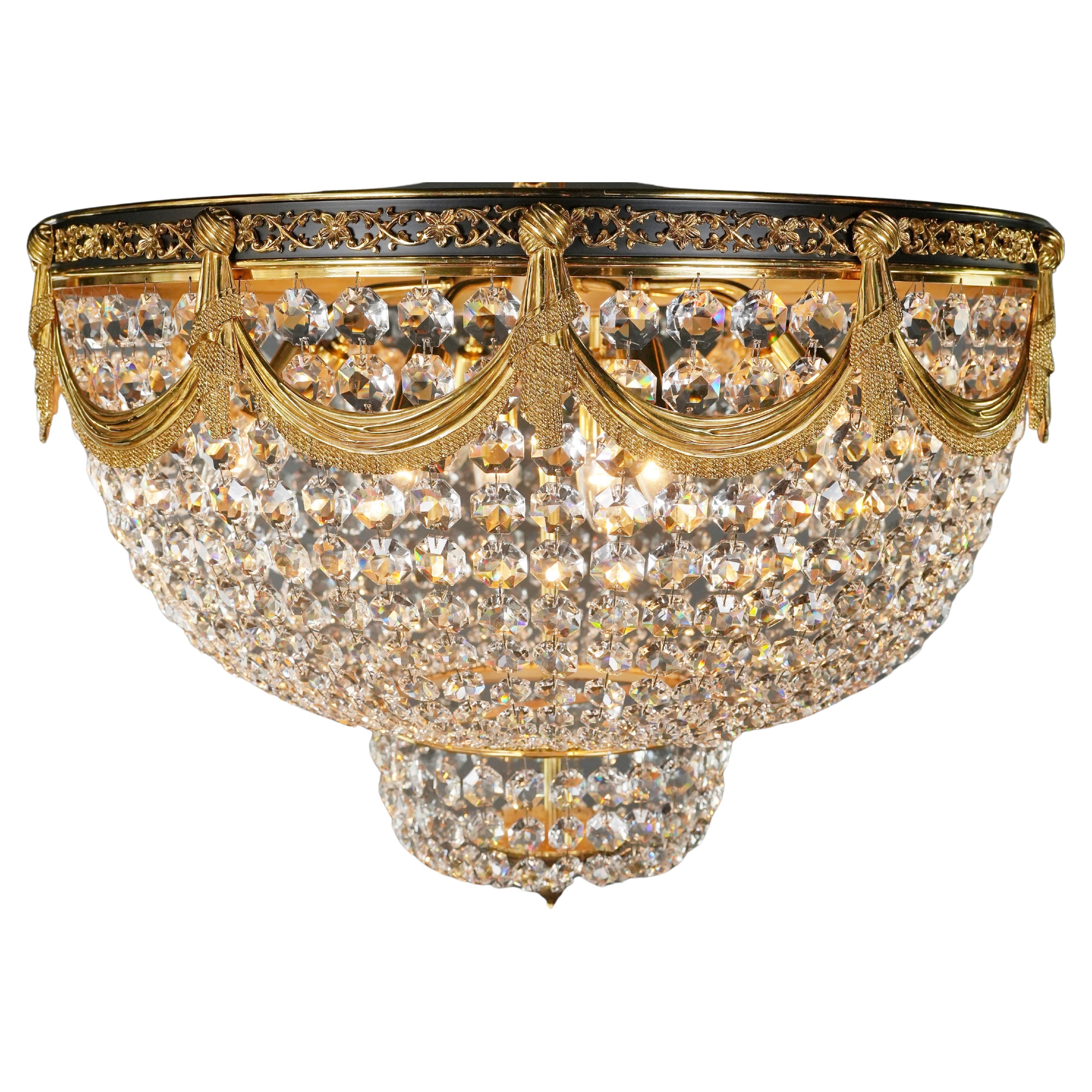 21st Century Art Deco Low Plafonnier Crystal Chandelier in Gold Lustre Brass