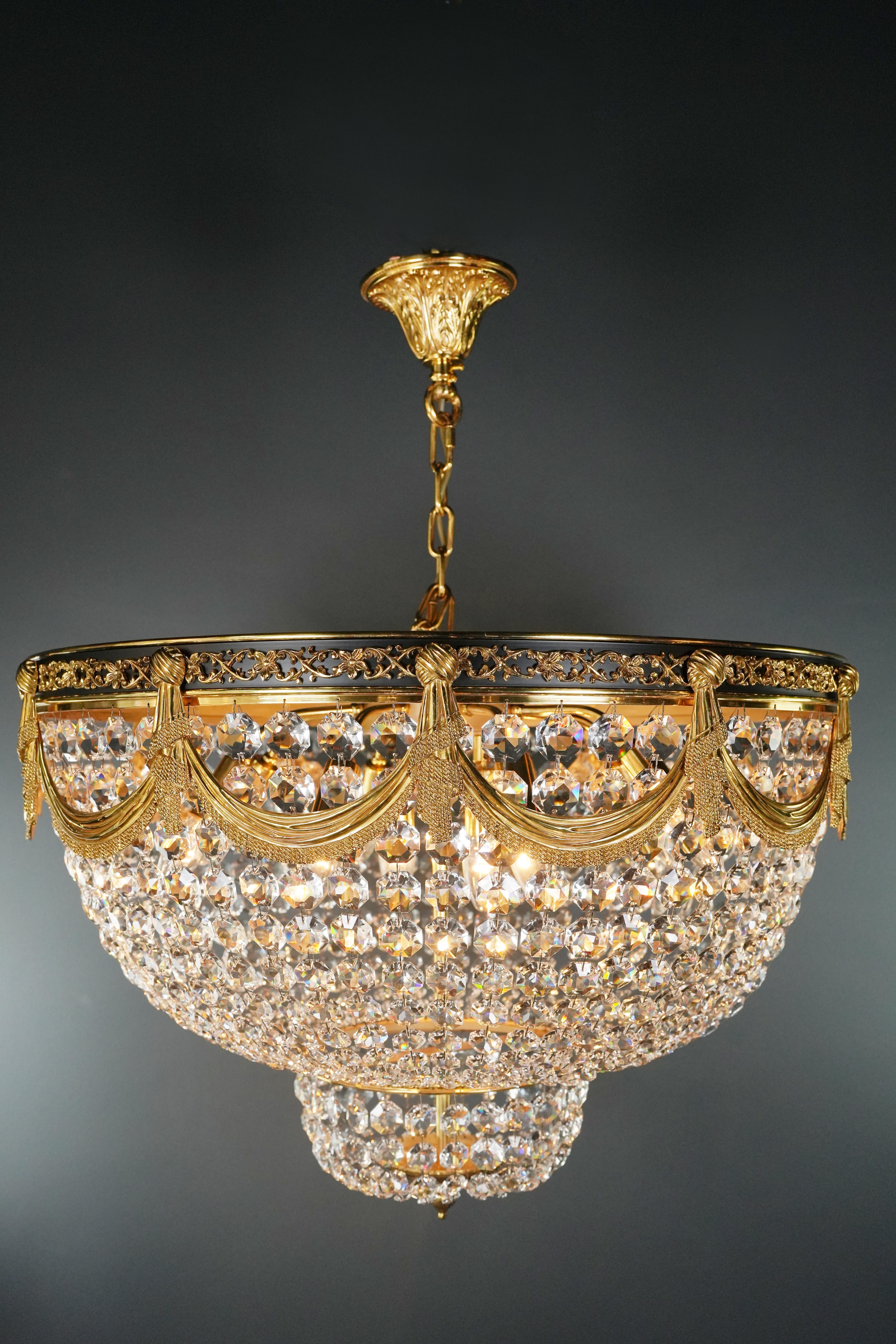 German 21st Century Art Deco Low Plafonnier Crystal Chandelier in Gold Lustre Brass XXL For Sale