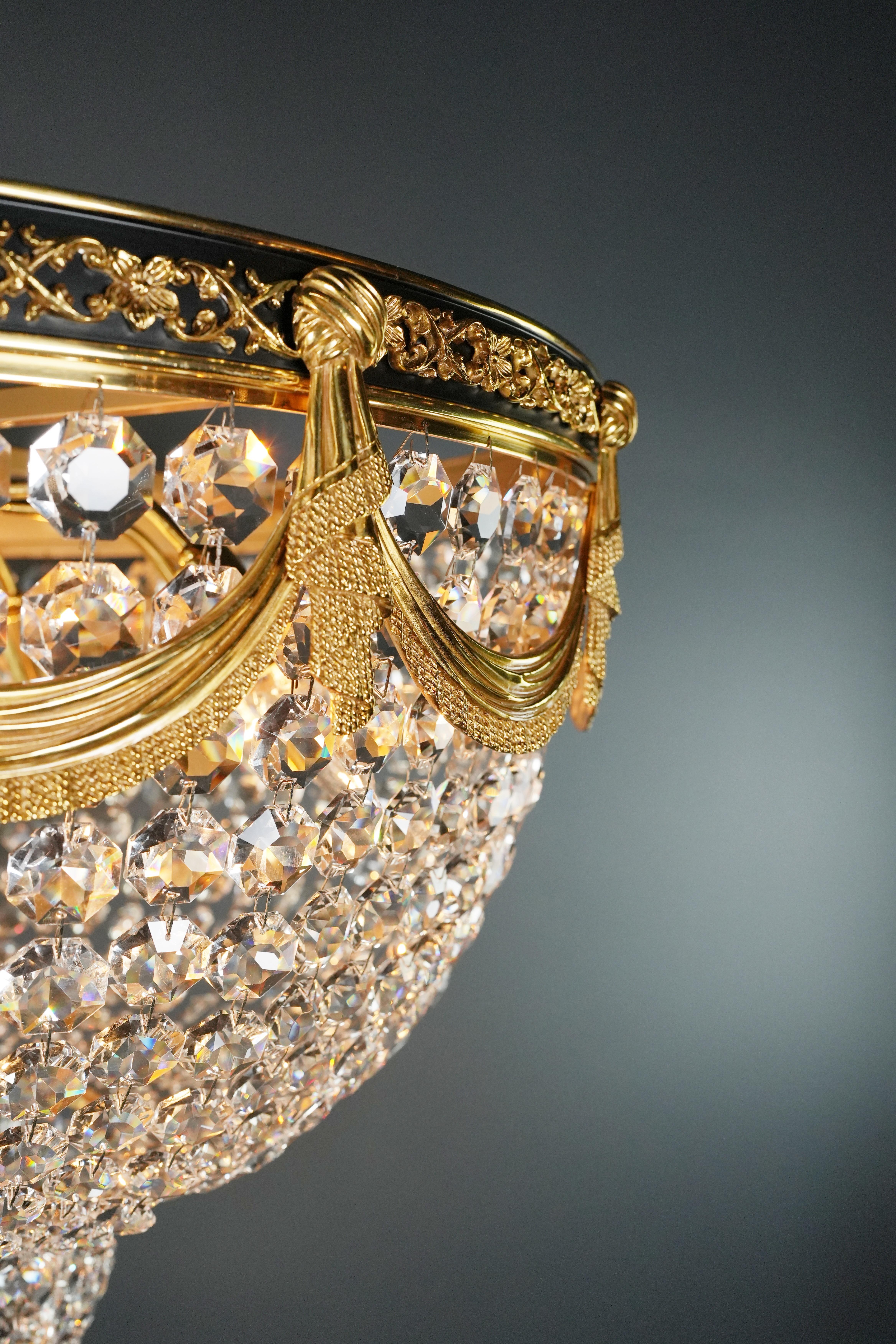 21st Century Art Deco Low Plafonnier Crystal Chandelier in Gold Lustre Brass XXL For Sale 2