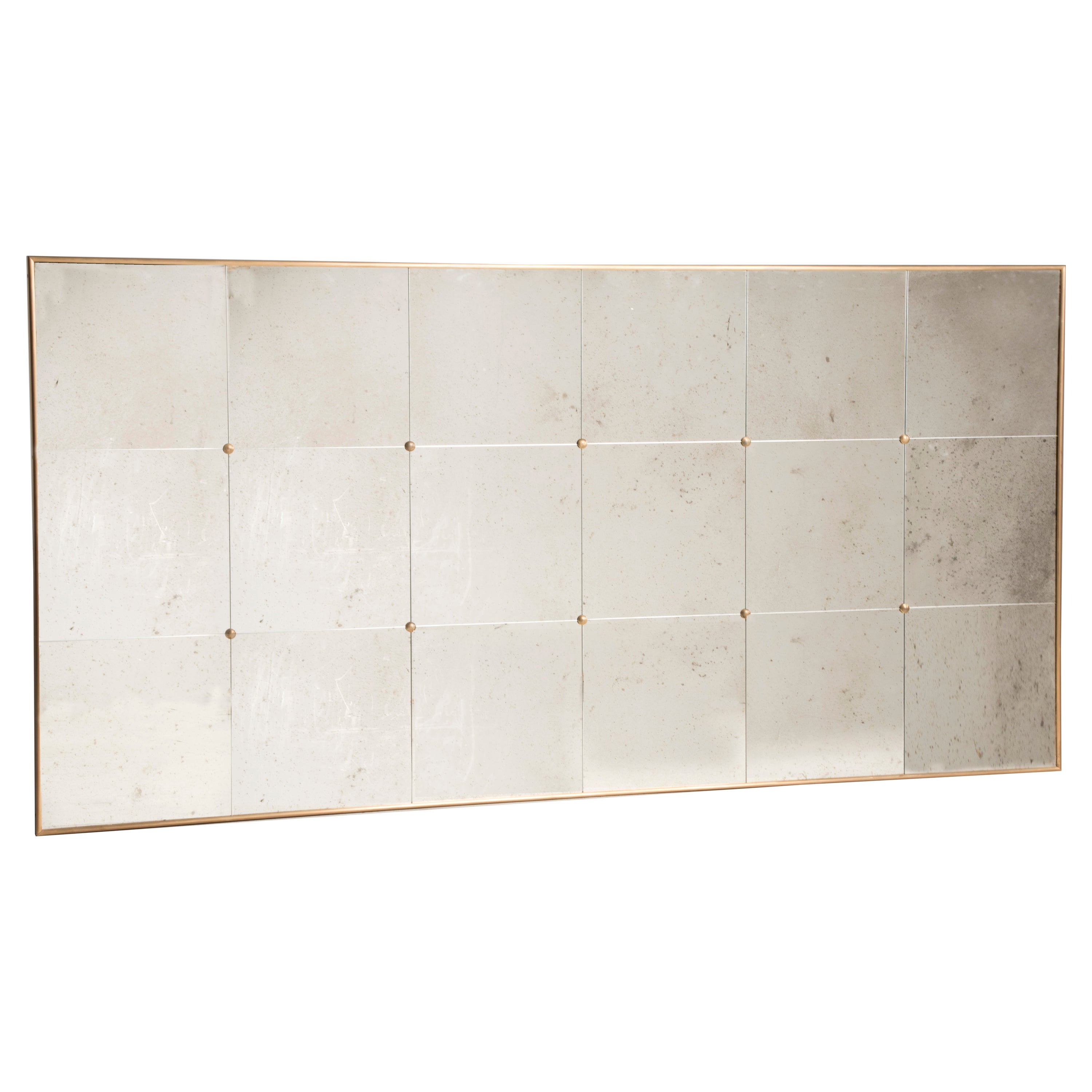 21st Century Art Deco Style Brass Frame and Studs Paneled Distressed Mirror