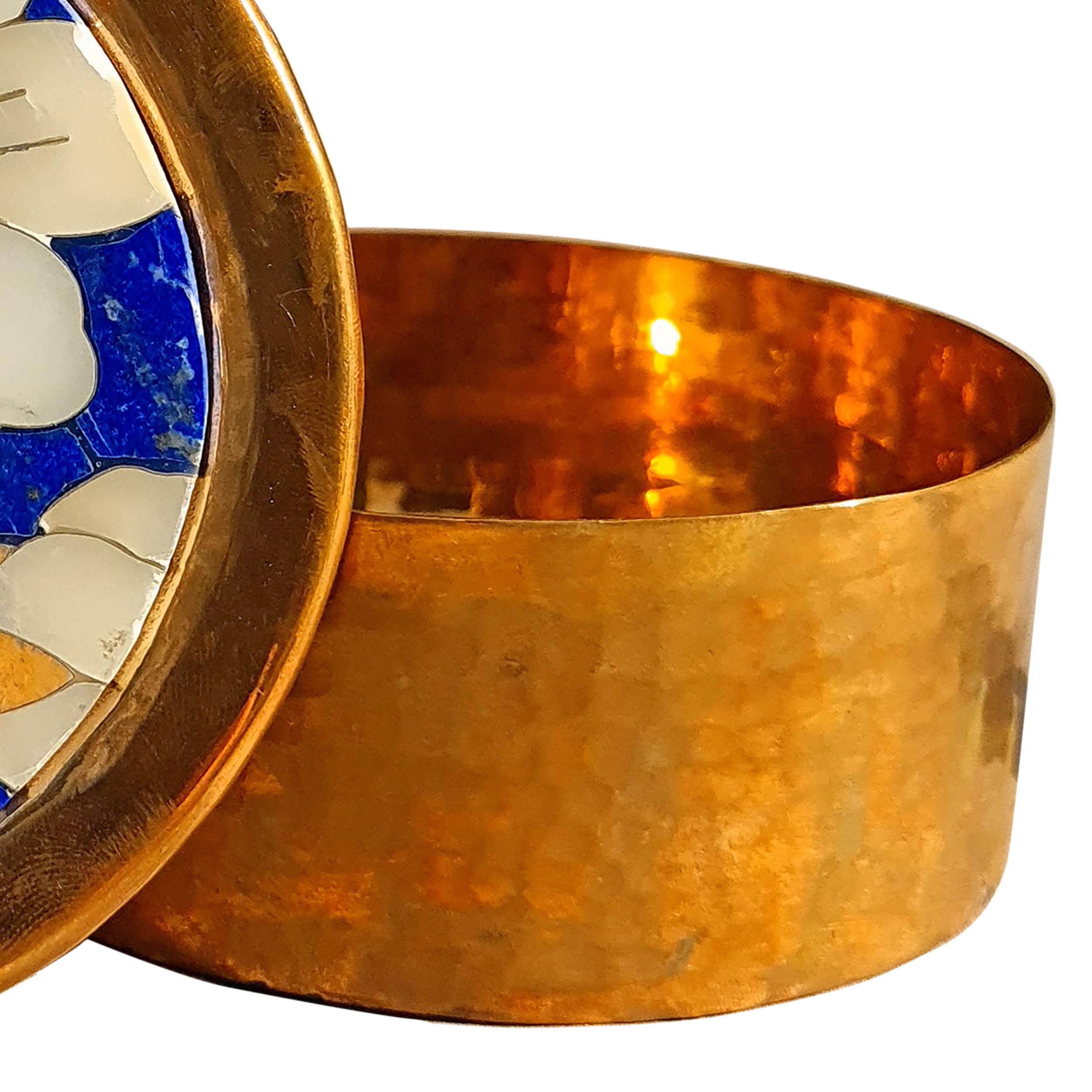 Mosaic 21st Century Decorative Box Lapis Lazuli, Onyx, Semi Precious Inlay & Copper For Sale