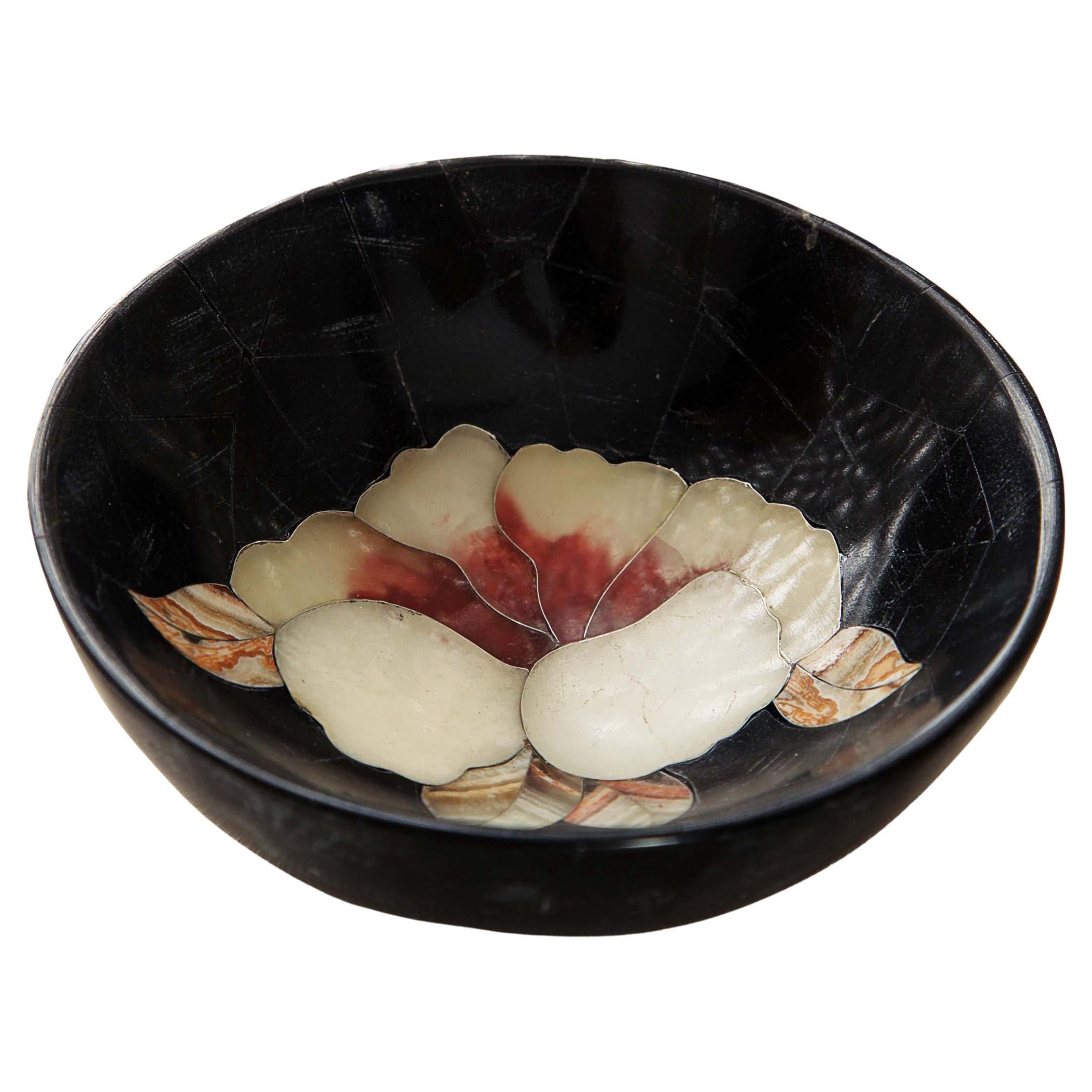 21st Century Decorative Bowl Onyx, Marble Semi Precious Inlay Mosaic Black For Sale