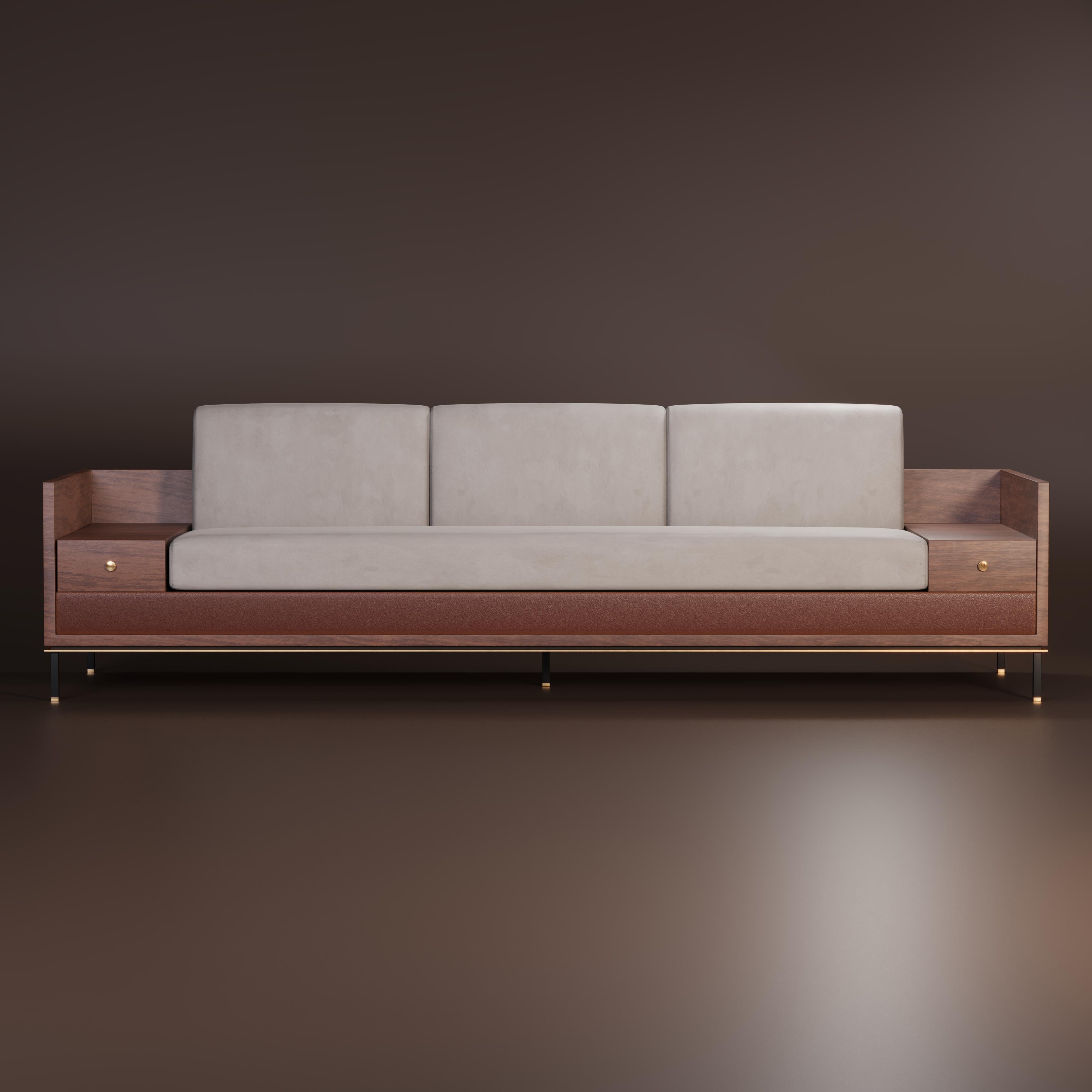21st century Asheville I Sofa Smoked Walnut Leather Suede Brushed Brass For Sale 5