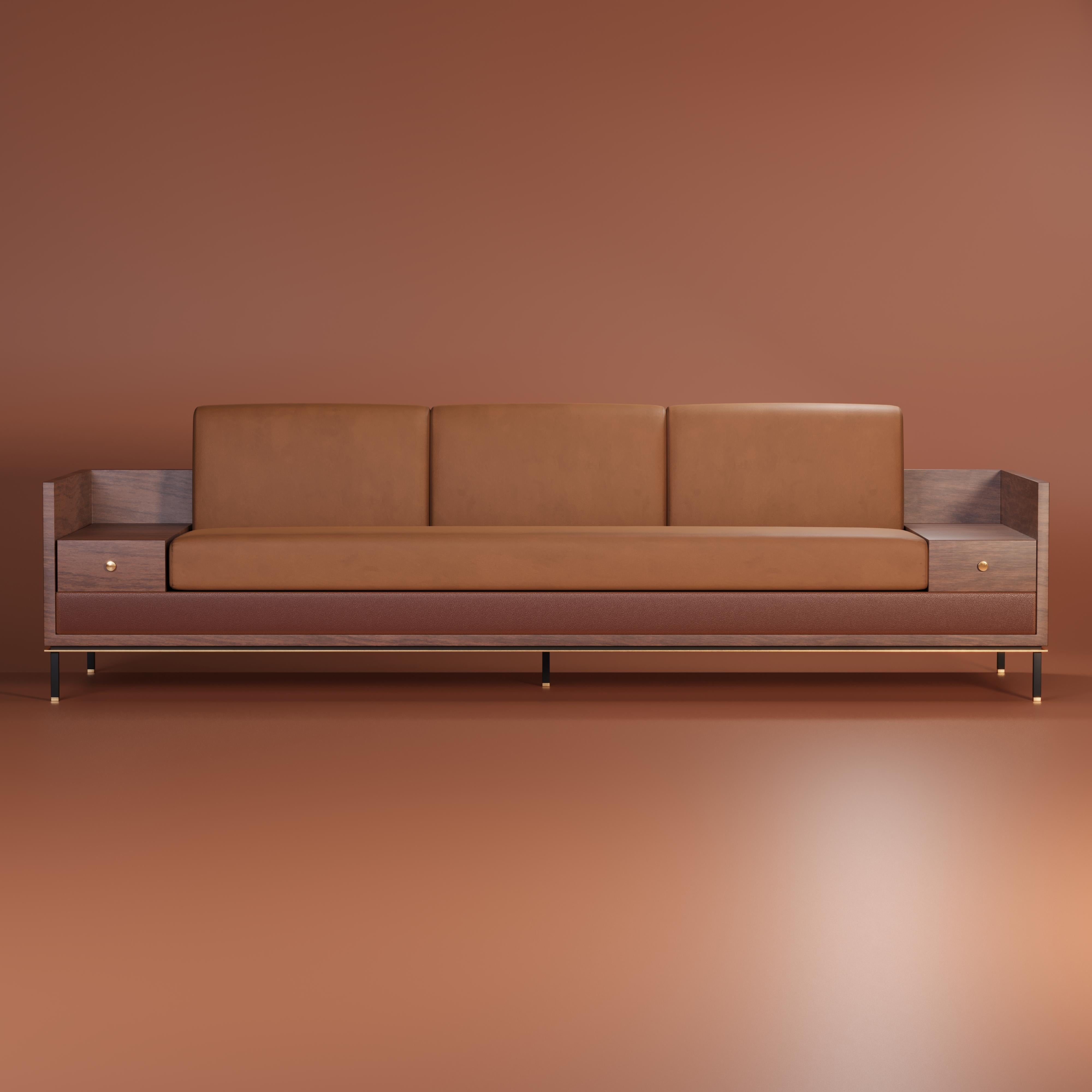 21st century Asheville I Sofa Smoked Walnut Leather Suede Brushed Brass For Sale 6