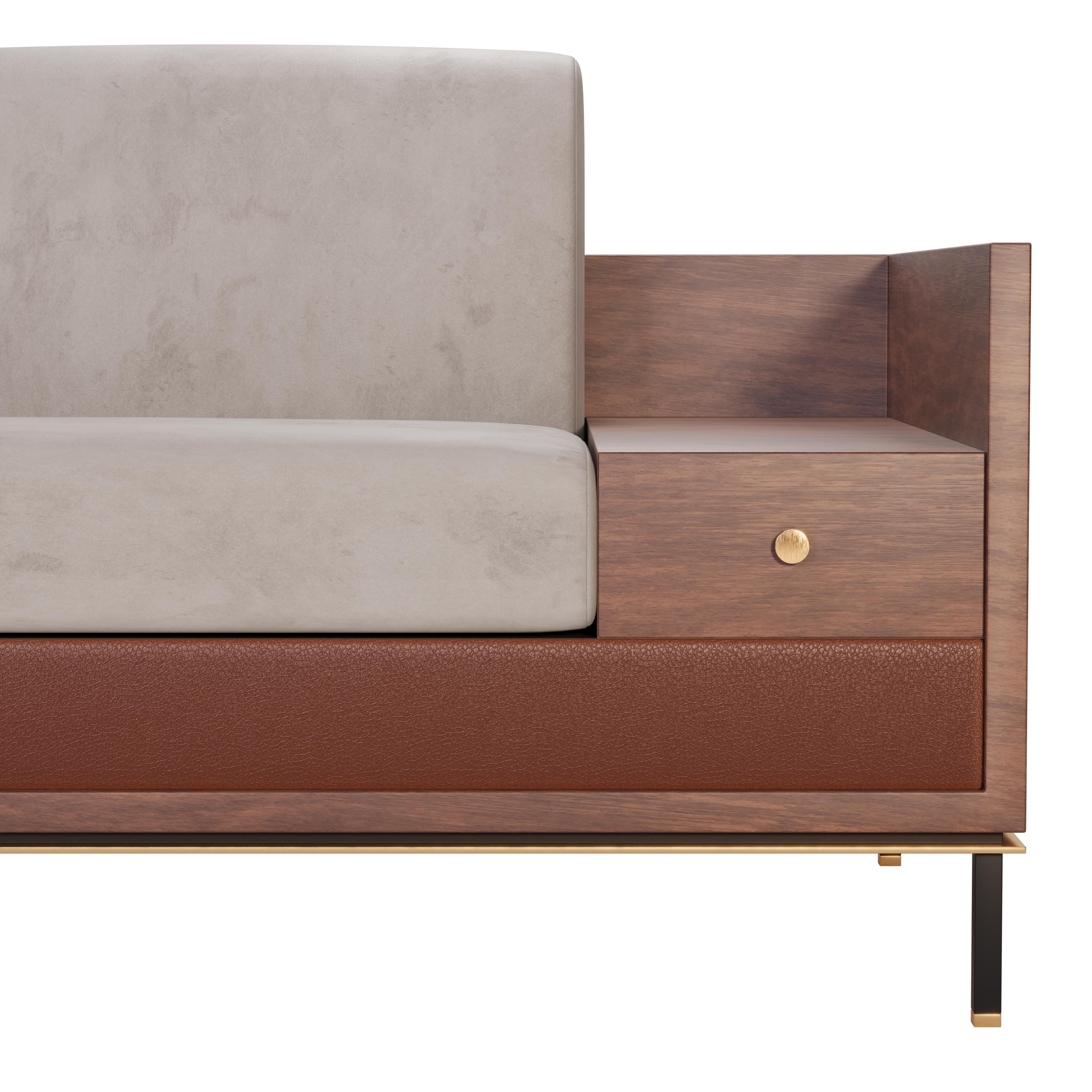 21st century Asheville I Sofa Smoked Walnut Leather Suede Brushed Brass For Sale 8