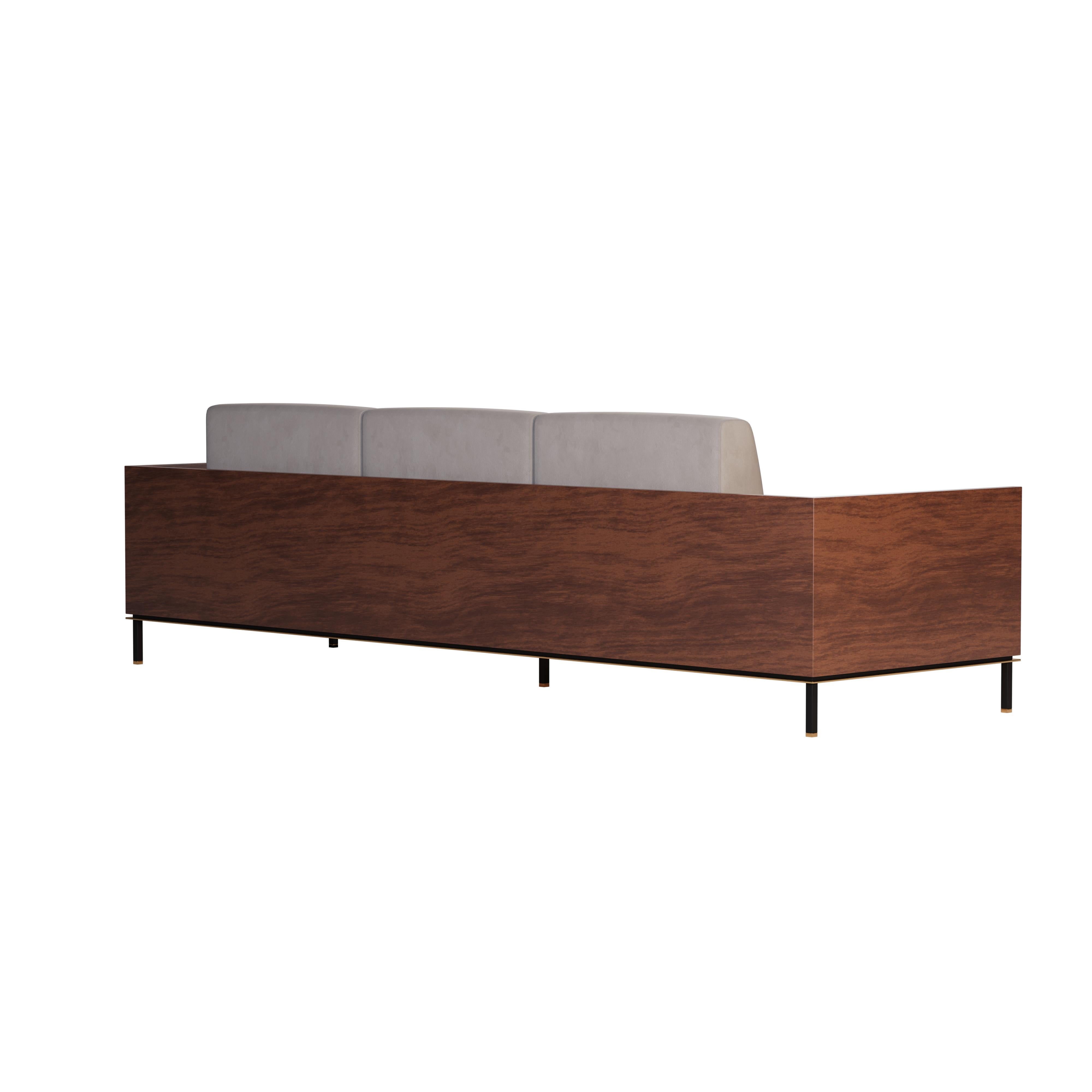 Portuguese 21st century Asheville I Sofa Smoked Walnut Leather Suede Brushed Brass For Sale