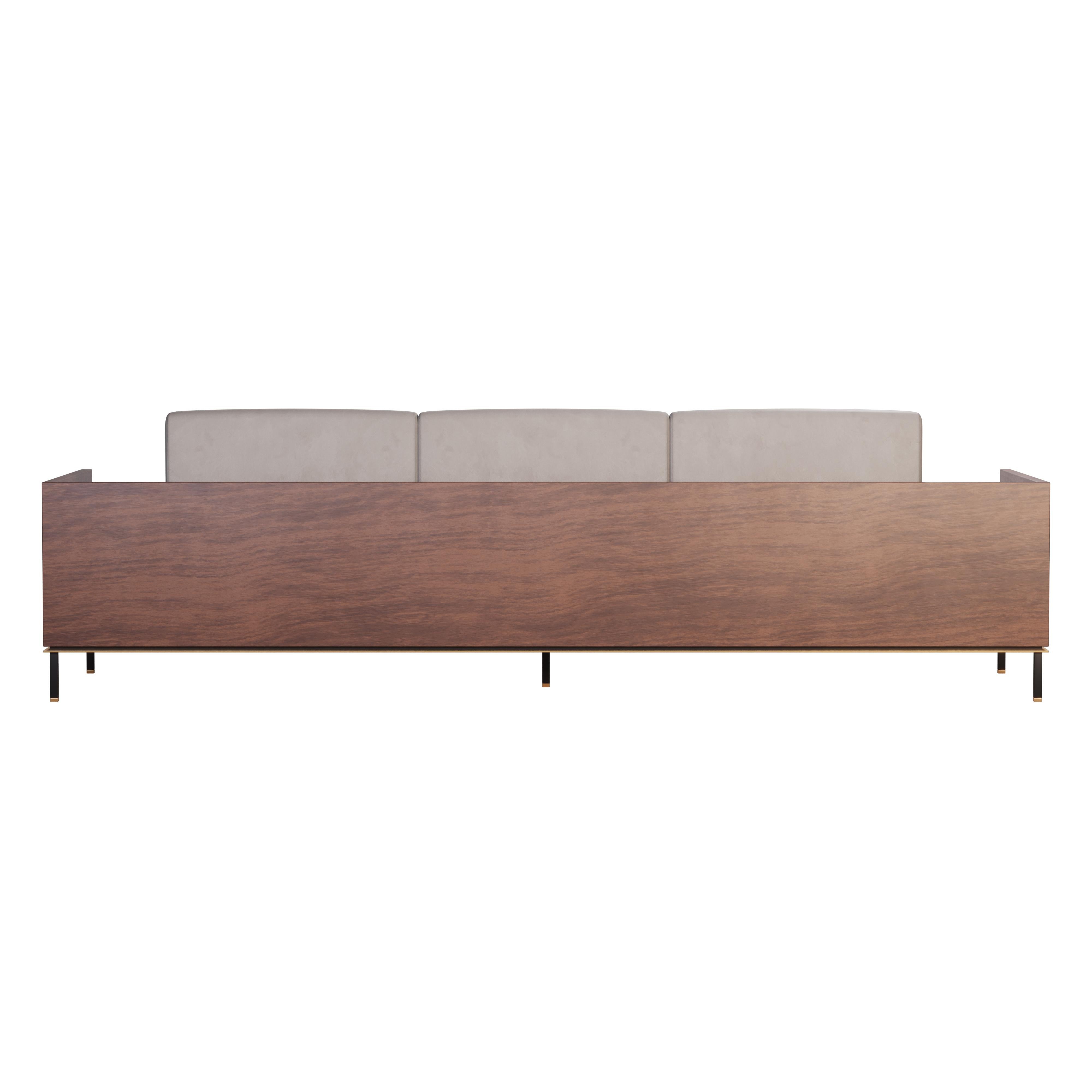 Portuguese 21st century Asheville I Sofa Smoked Walnut Leather Suede Brushed Brass For Sale