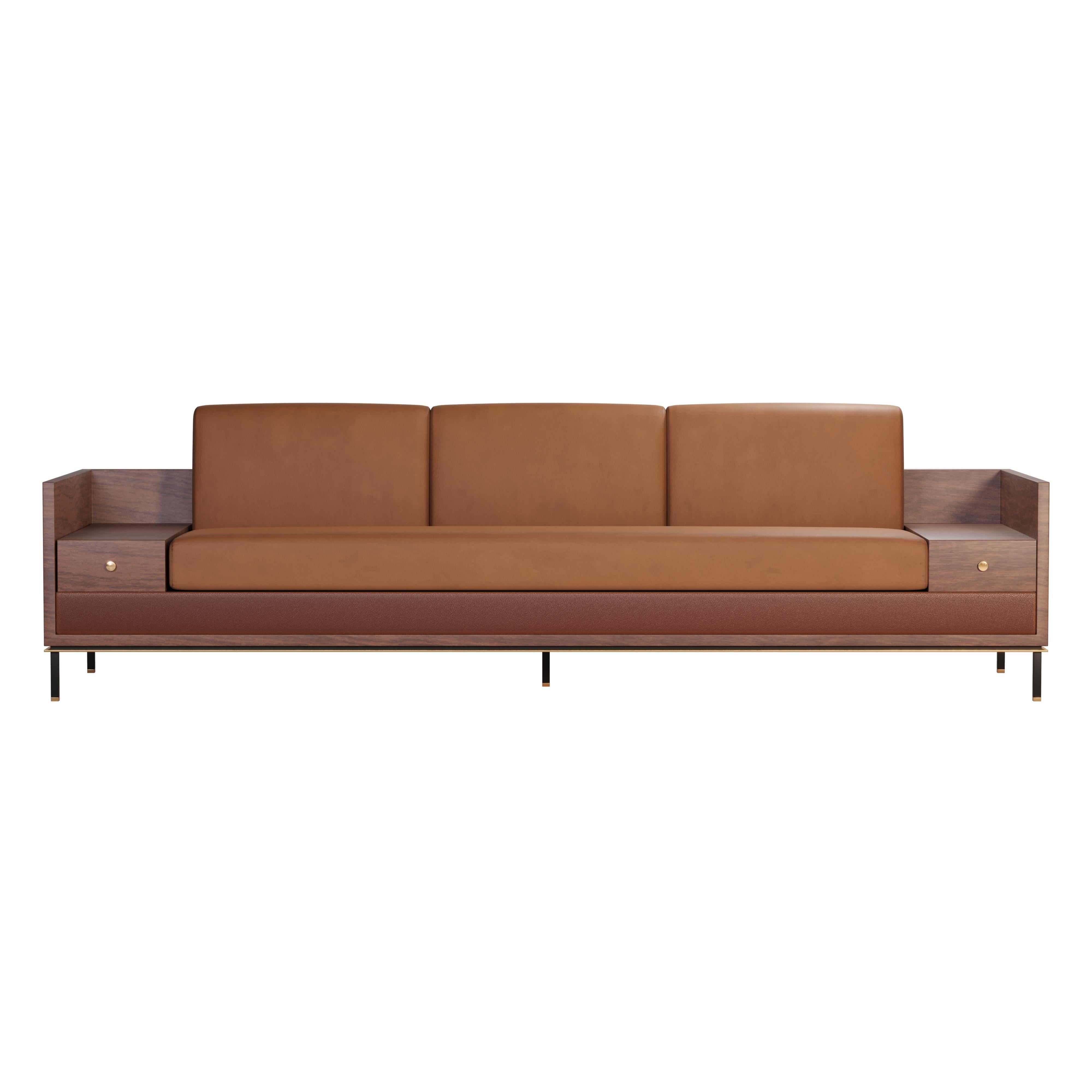 Contemporary 21st century Asheville I Sofa Smoked Walnut Leather Suede Brushed Brass For Sale