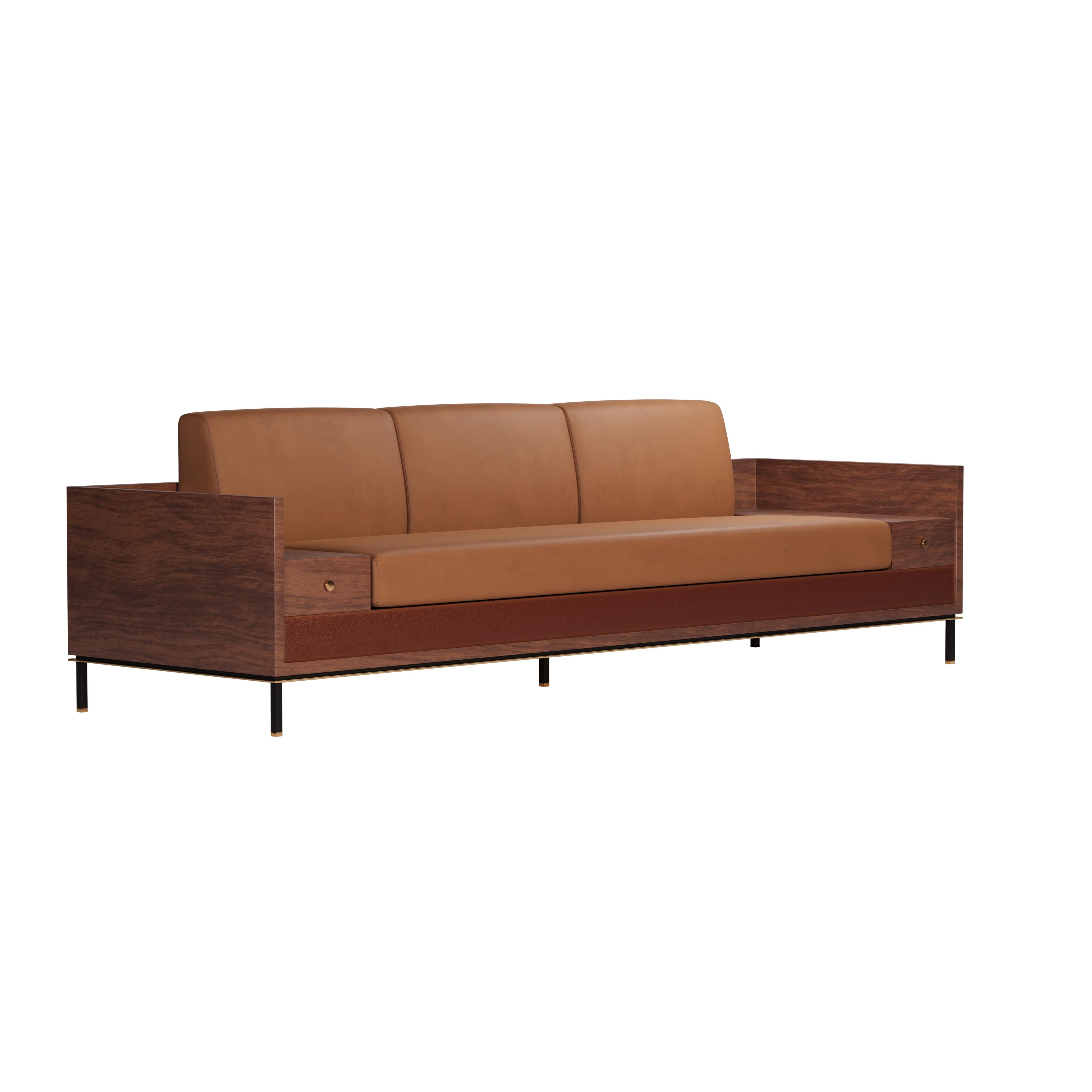 21st century Asheville I Sofa Smoked Walnut Leather Suede Brushed Brass For Sale 1