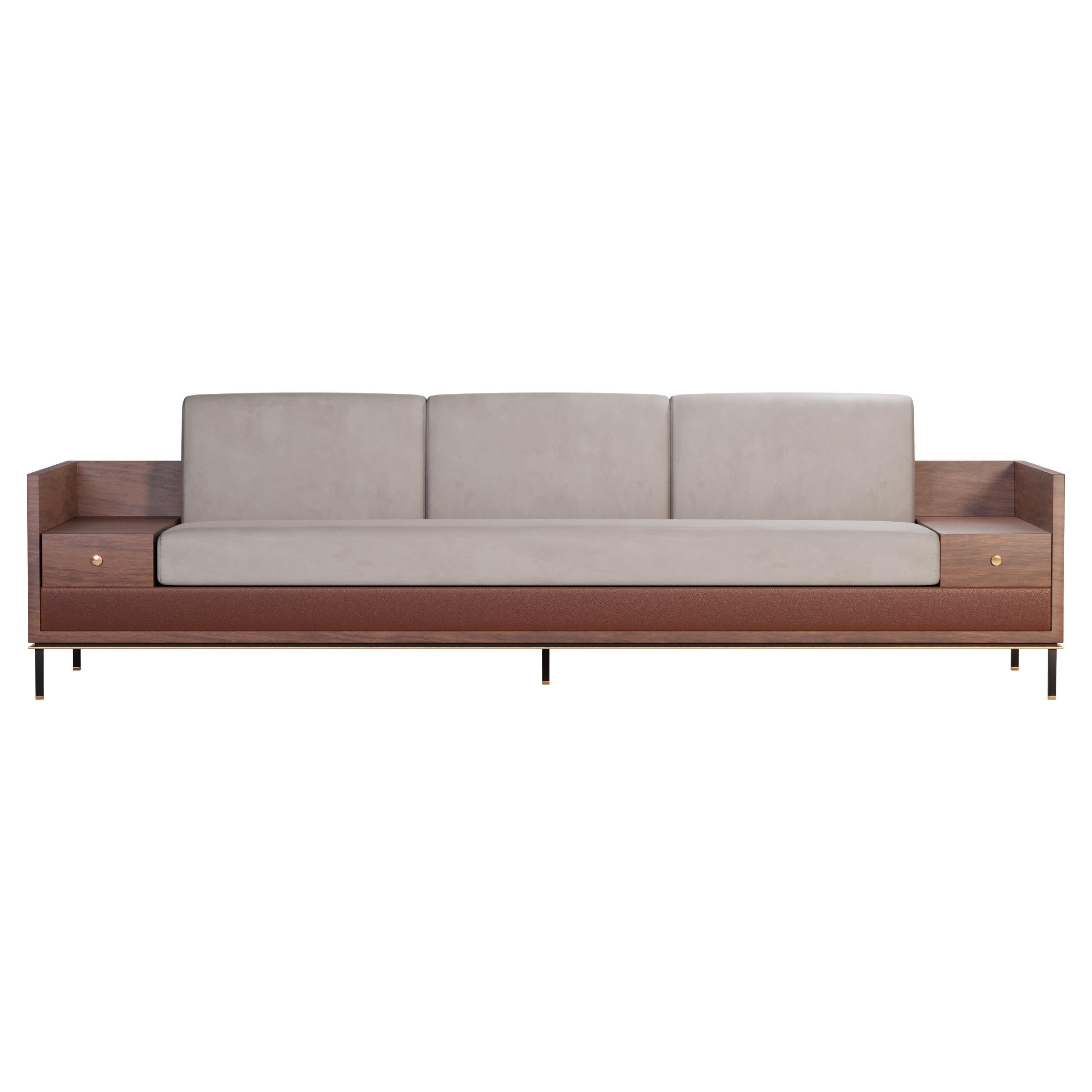 21st century Asheville I Sofa Smoked Walnut Leather Suede Brushed Brass For Sale