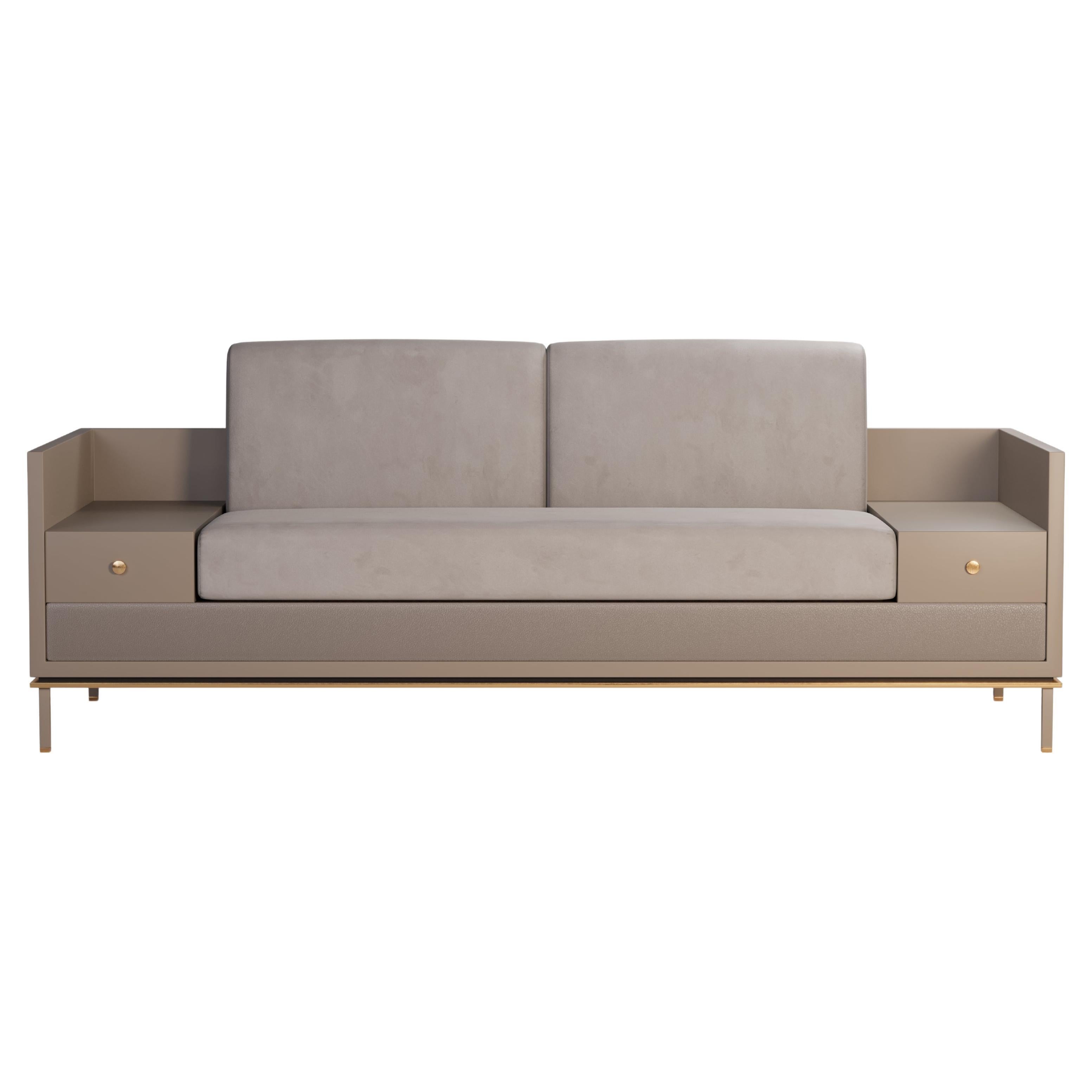 21st Century Asheville II Twinseat Sofa Suede Natural Leather Brass Wood For Sale
