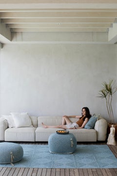 21st Century Asian Blue Sand Outdoor Indoor Handmade Round Pouf