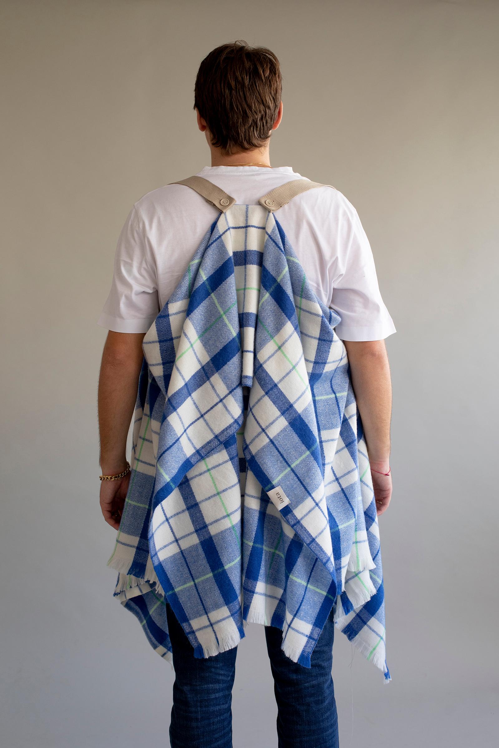 Israeli 21st Century Asian Blue White Plaid Strap Blanket For Sale