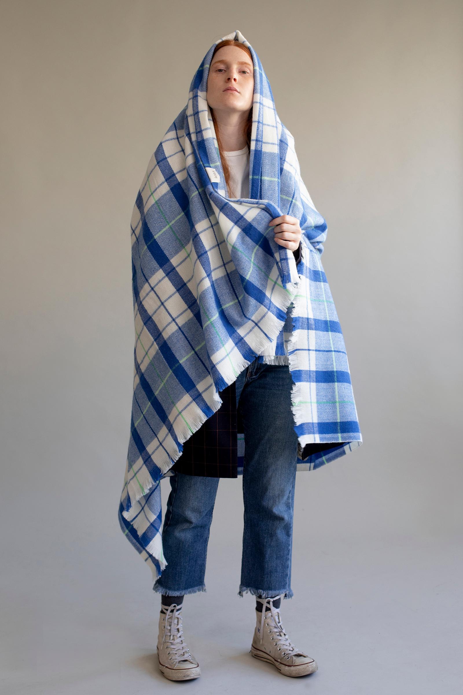 Hand-Crafted 21st Century Asian Blue White Plaid Strap Blanket For Sale