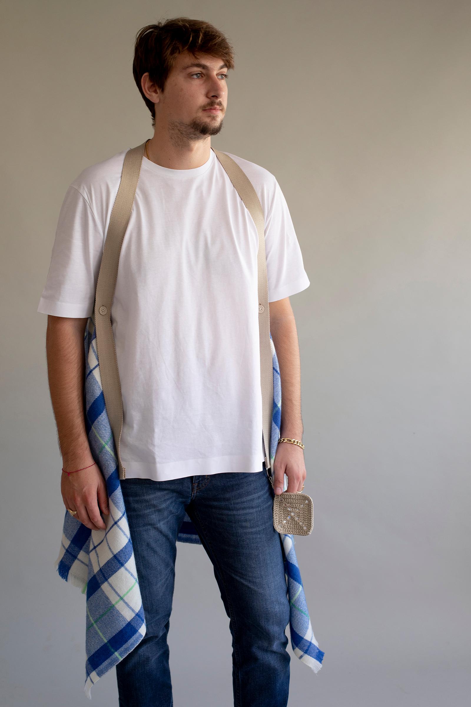 Contemporary 21st Century Asian Blue White Plaid Strap Blanket For Sale