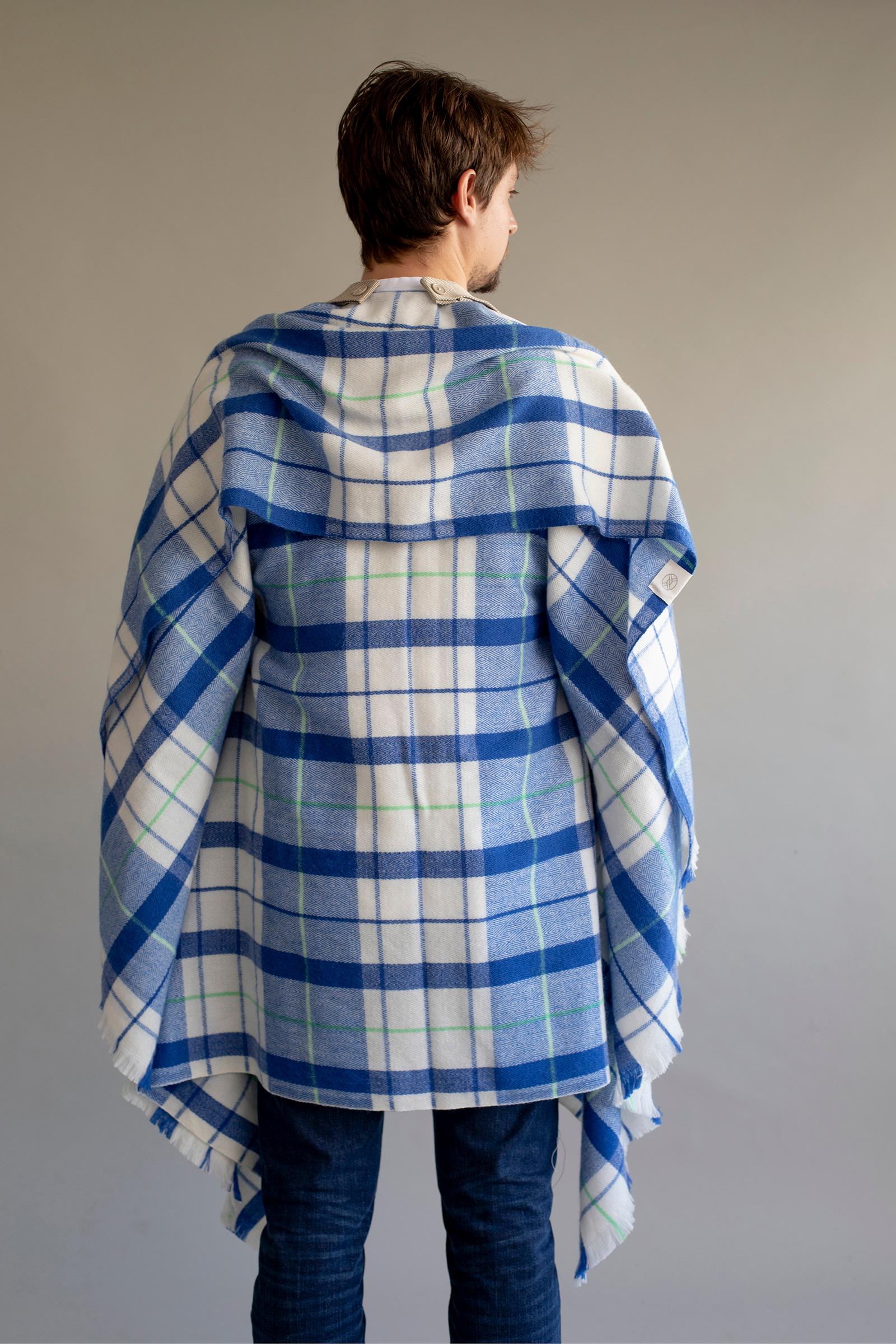 Wool 21st Century Asian Blue White Plaid Strap Blanket For Sale
