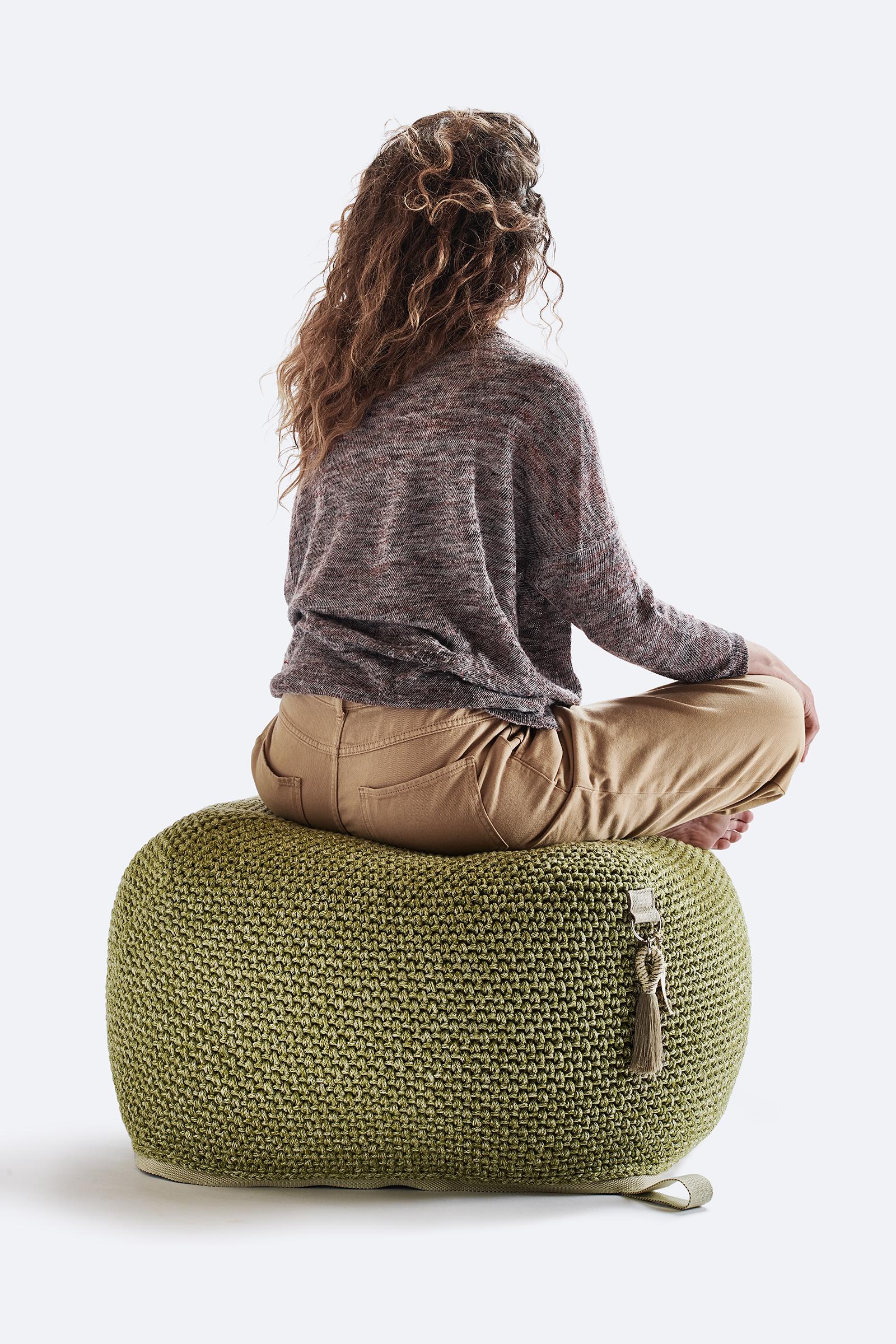 Modern 21st Century Asian Green Olive Outdoor Indoor Handmade Pouf For Sale
