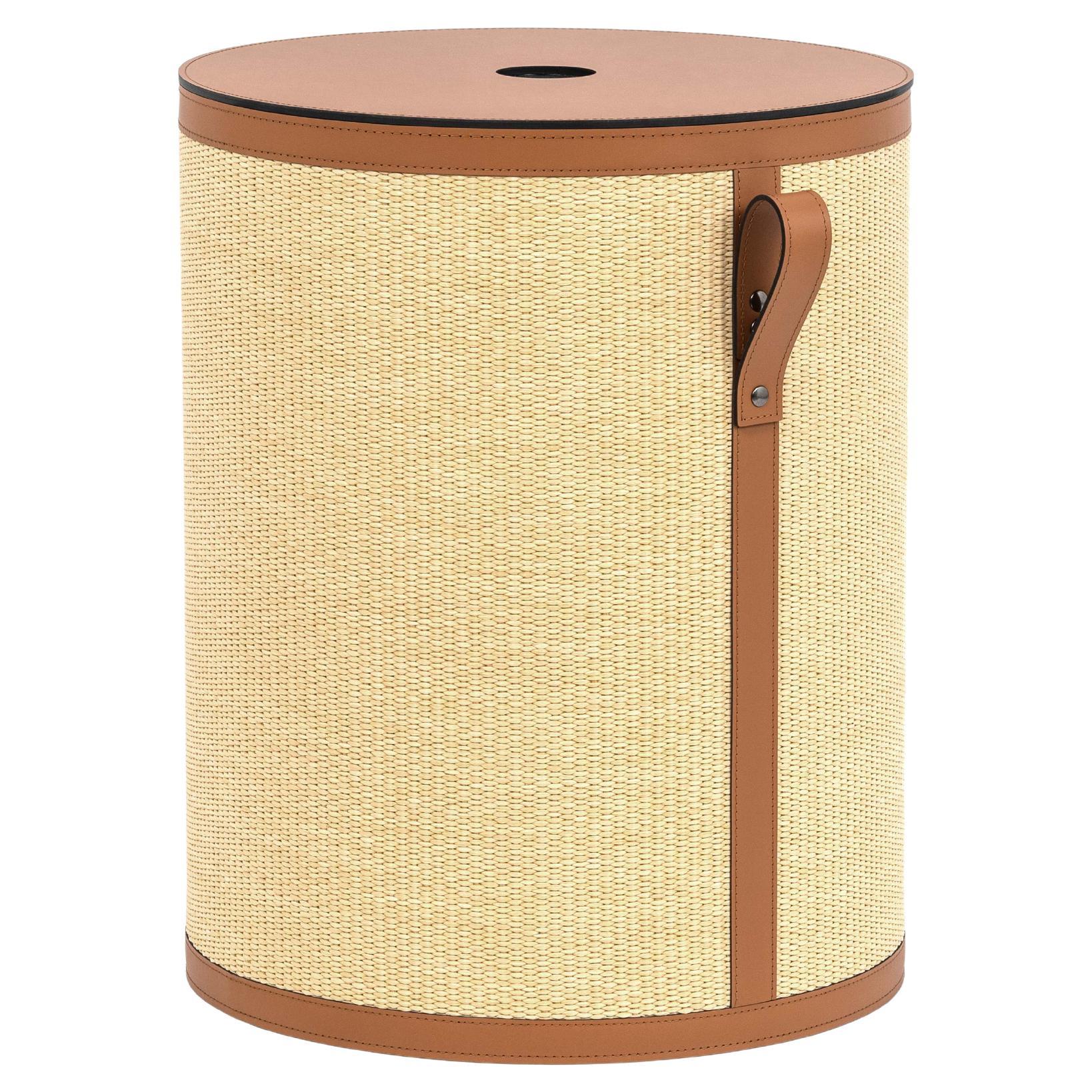21st Century Aurora Short Round Laundry Basket with Leather & Straw