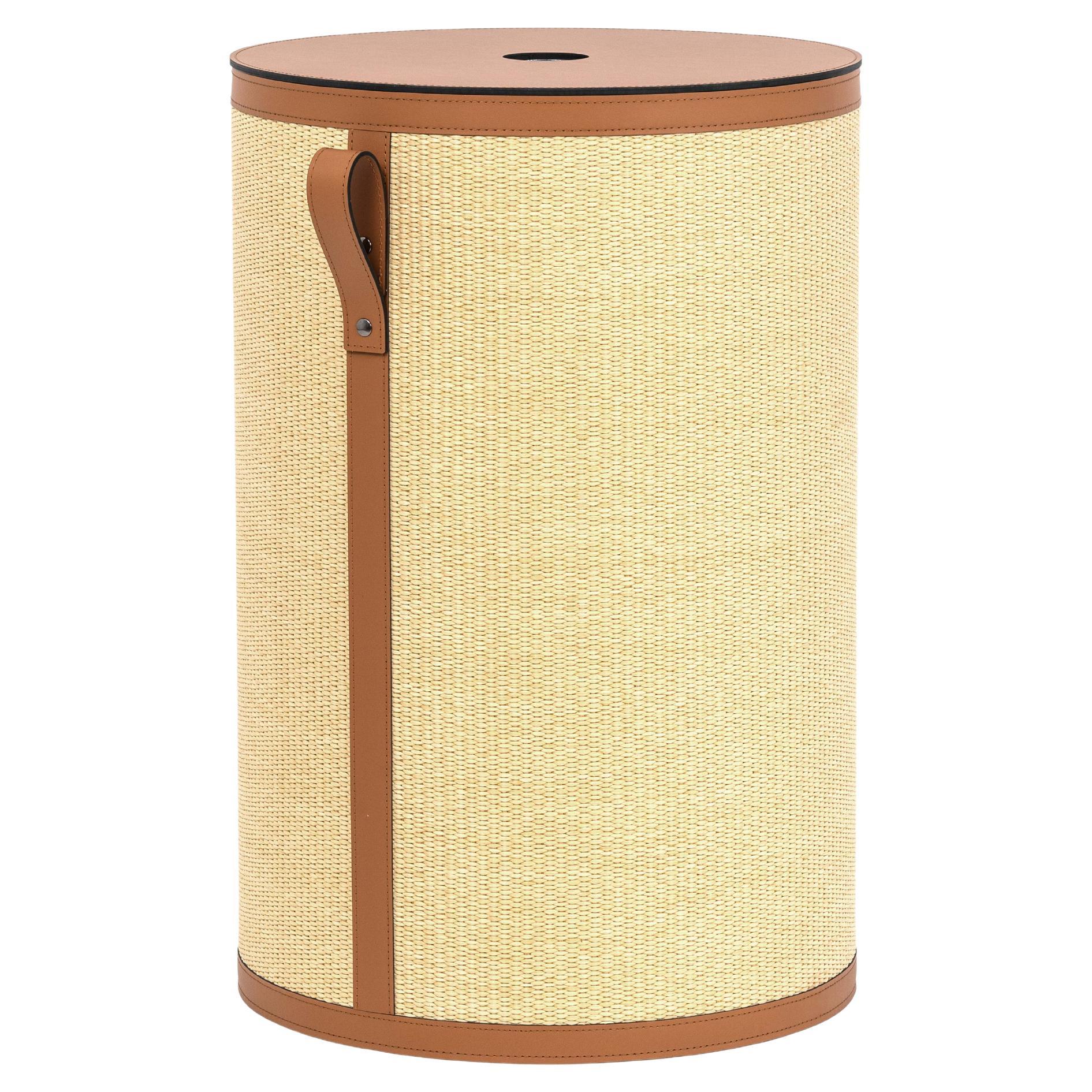 21st Century Aurora Tall Round Laundry Basket with Leather & Straw