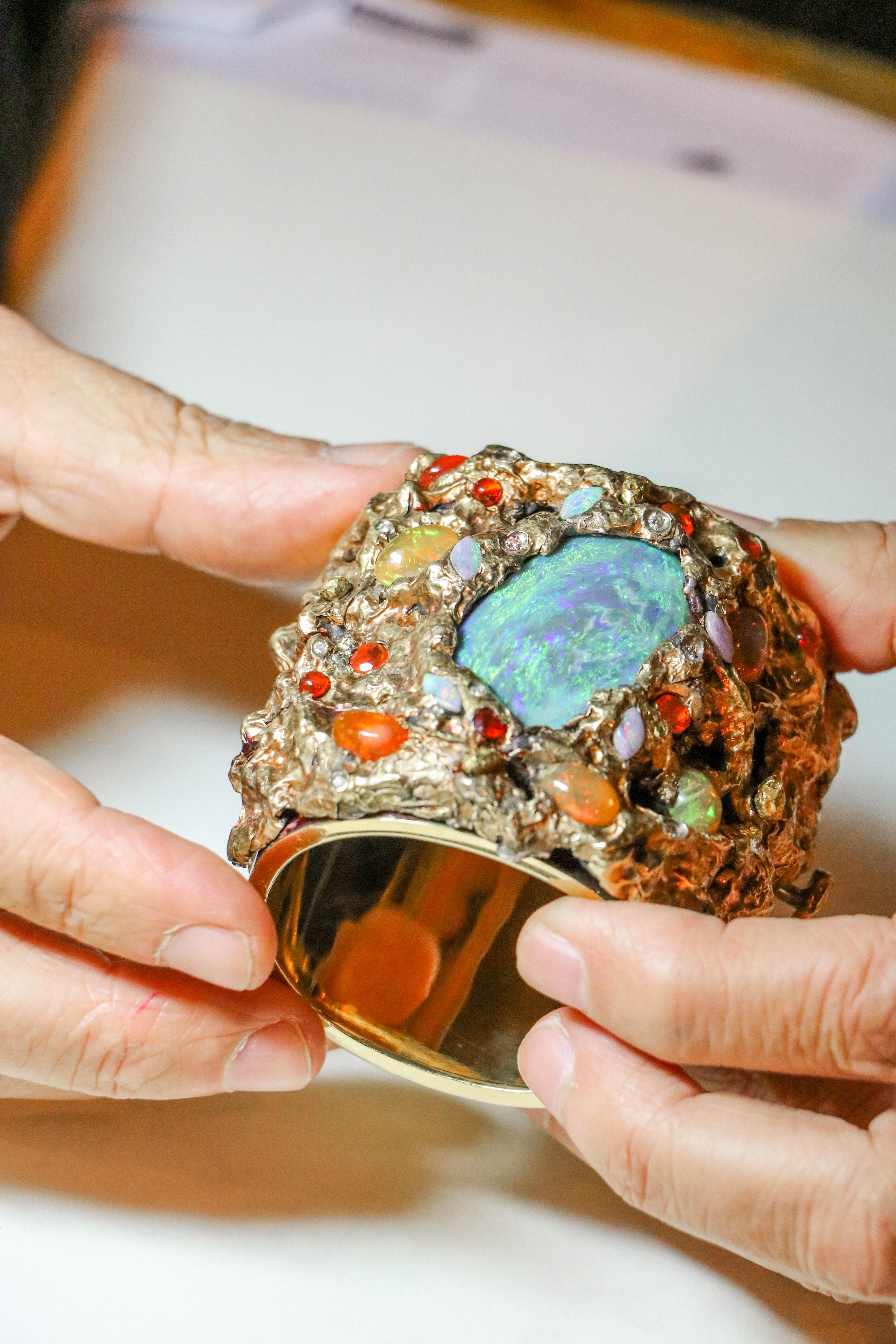 21st Century Australian Opal Jelly Opal Diamonds 18 Karat Gold Cuff Bracelet 8