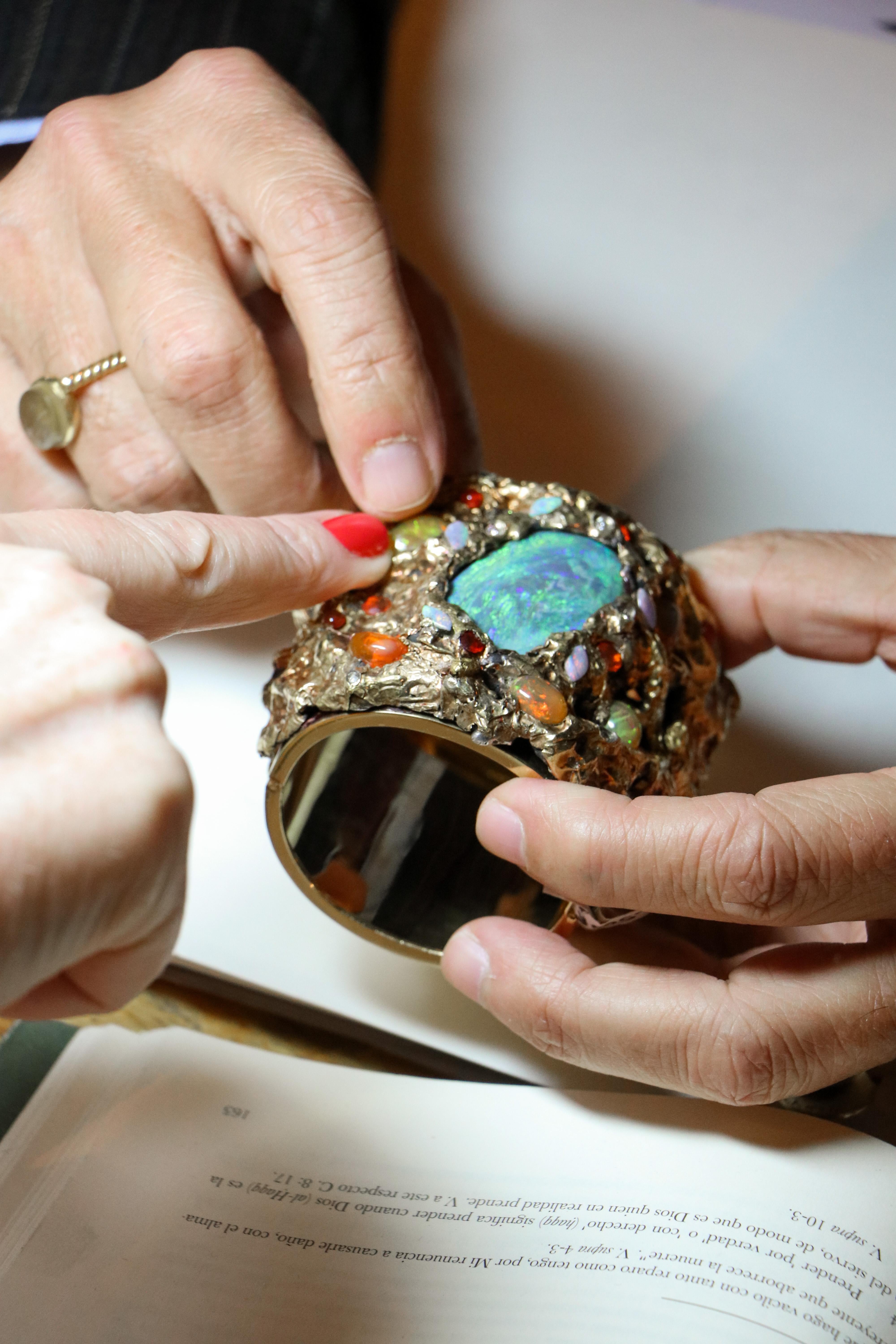 21st Century Australian Opal Jelly Opal Diamonds 18 Karat Gold Cuff Bracelet 9