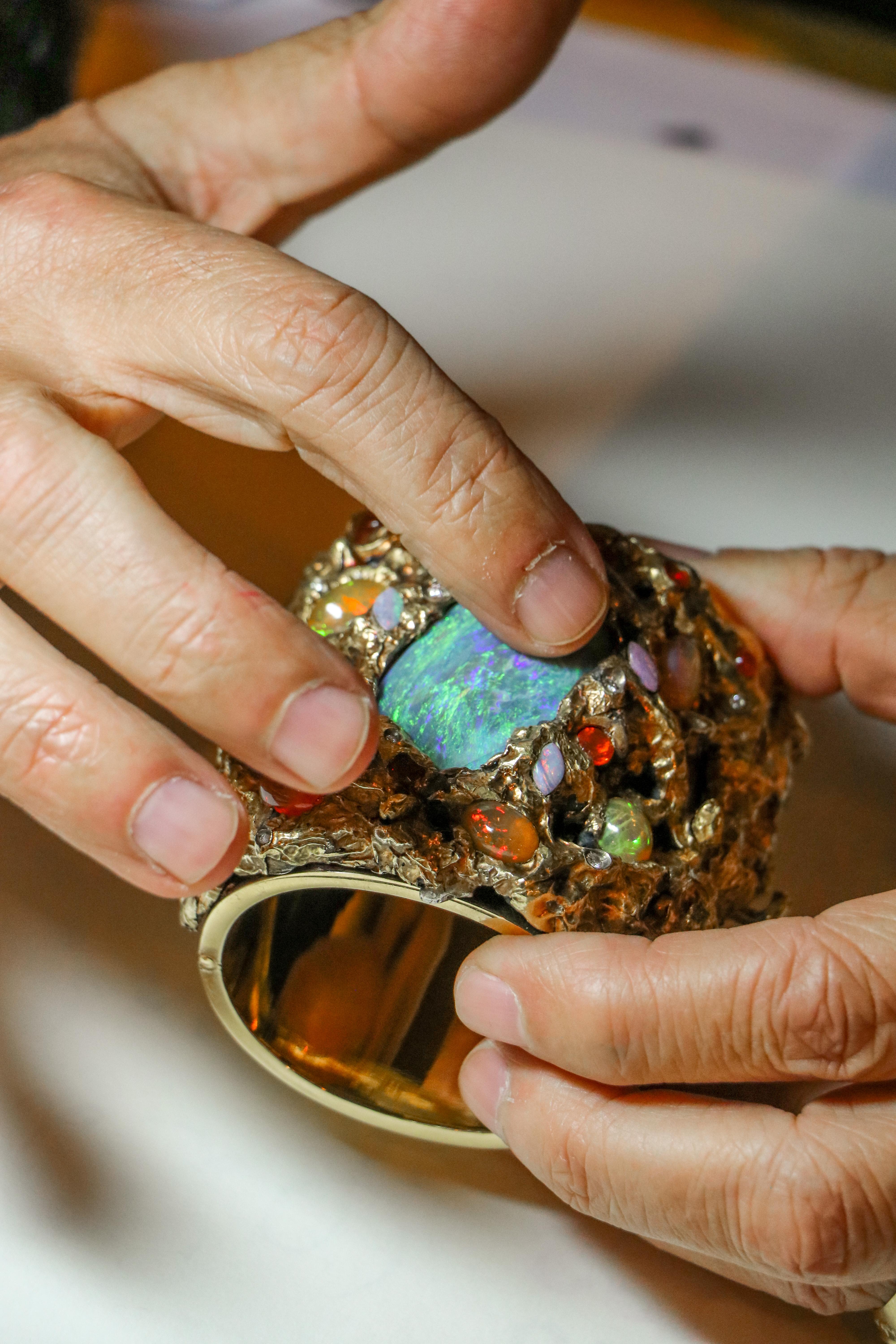 Women's 21st Century Australian Opal Jelly Opal Diamonds 18 Karat Gold Cuff Bracelet