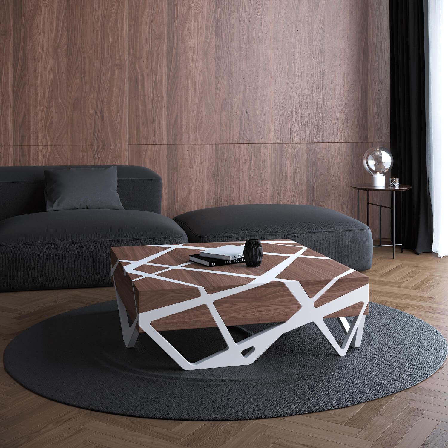Organic Modern Accent Square Center Coffee Table Walnut Wood White Lacquer (table basse carrée d'accent) en vente 8