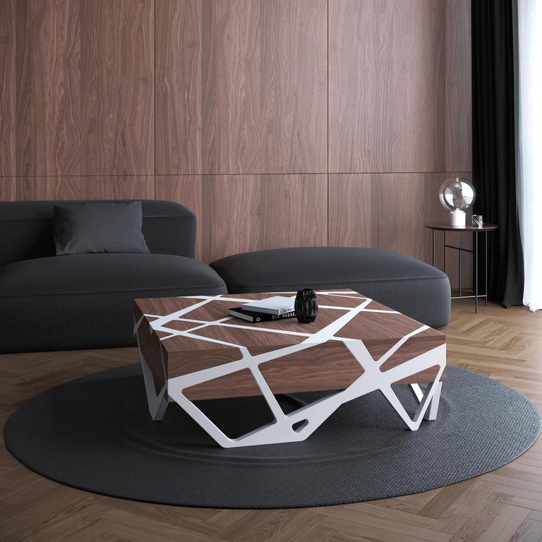 21st Century Modern Center Coffee Table in Walnut Wood and White Lacquered Wood For Sale 10