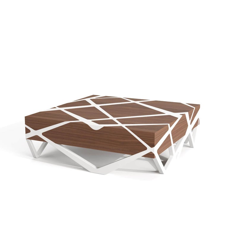 21st Century Modern Center Coffee Table in Walnut Wood and White Lacquered Wood For Sale 12