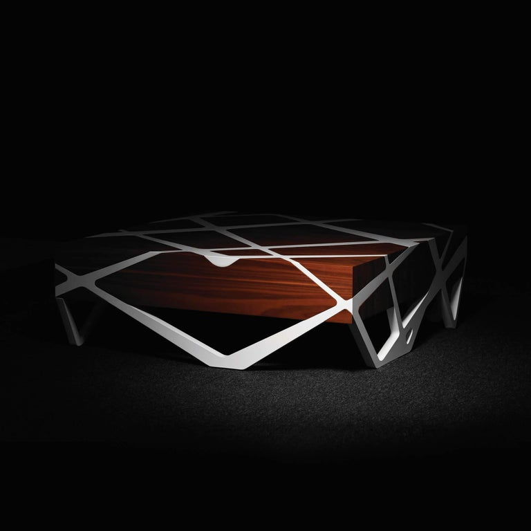 Portuguese 21st Century Modern Center Coffee Table in Walnut Wood and White Lacquered Wood For Sale