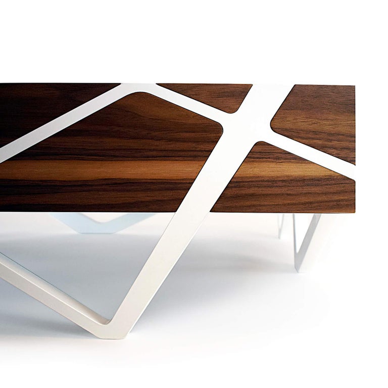 21st Century Modern Center Coffee Table in Walnut Wood and White Lacquered Wood For Sale 4