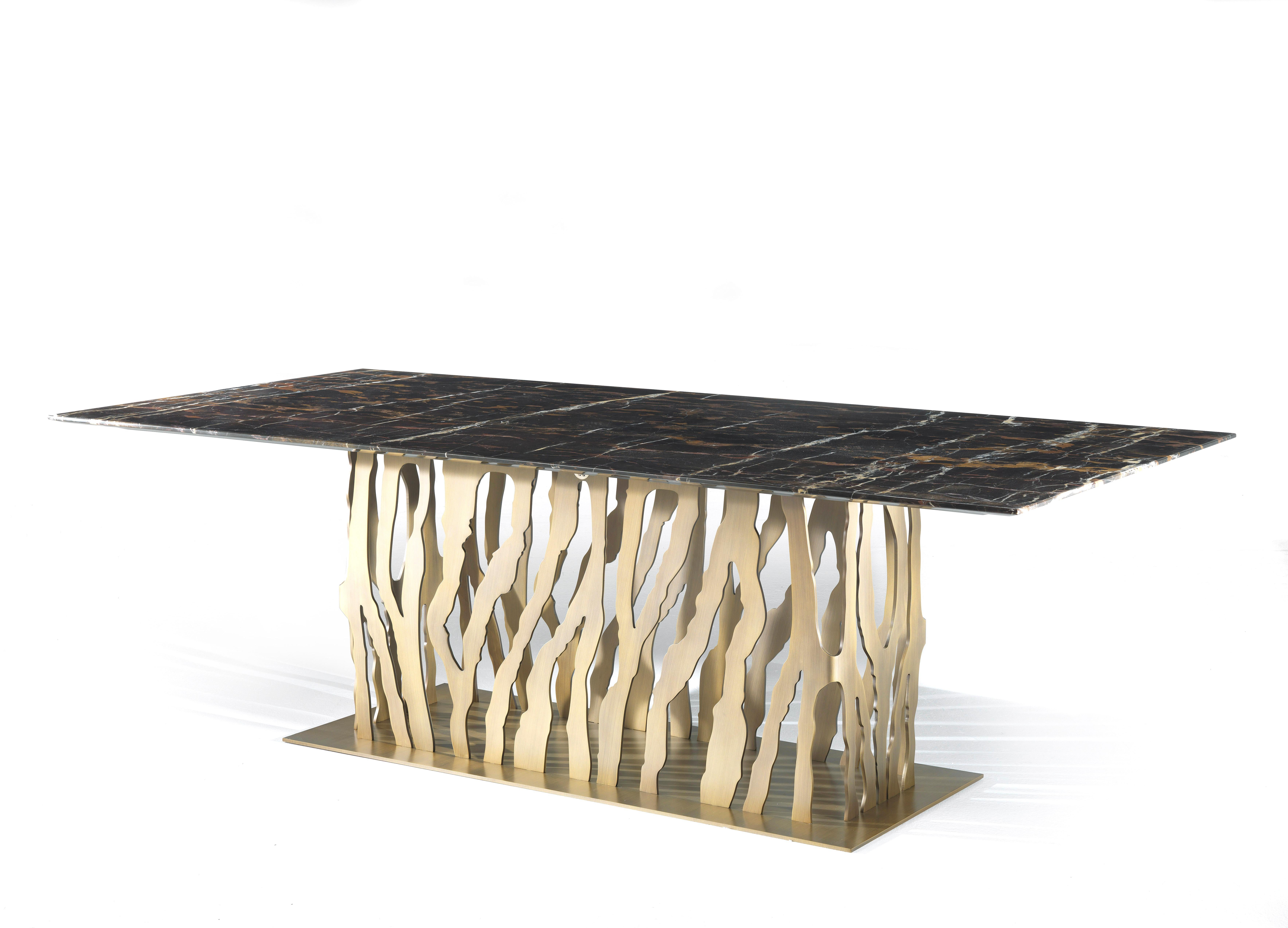 B-52 Dining table base in brushed bronze finishing. Top in marble CAT.A black and gold.