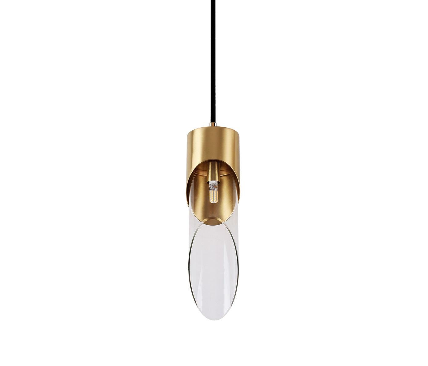 Inspired by the fact that bamboos does not survive to cold, the bamboo contemporary pendant lamp was designed to habit in warm and pleasant environments. A nickel cable holds a round polished brass structure with the irregular yet symmetric clear