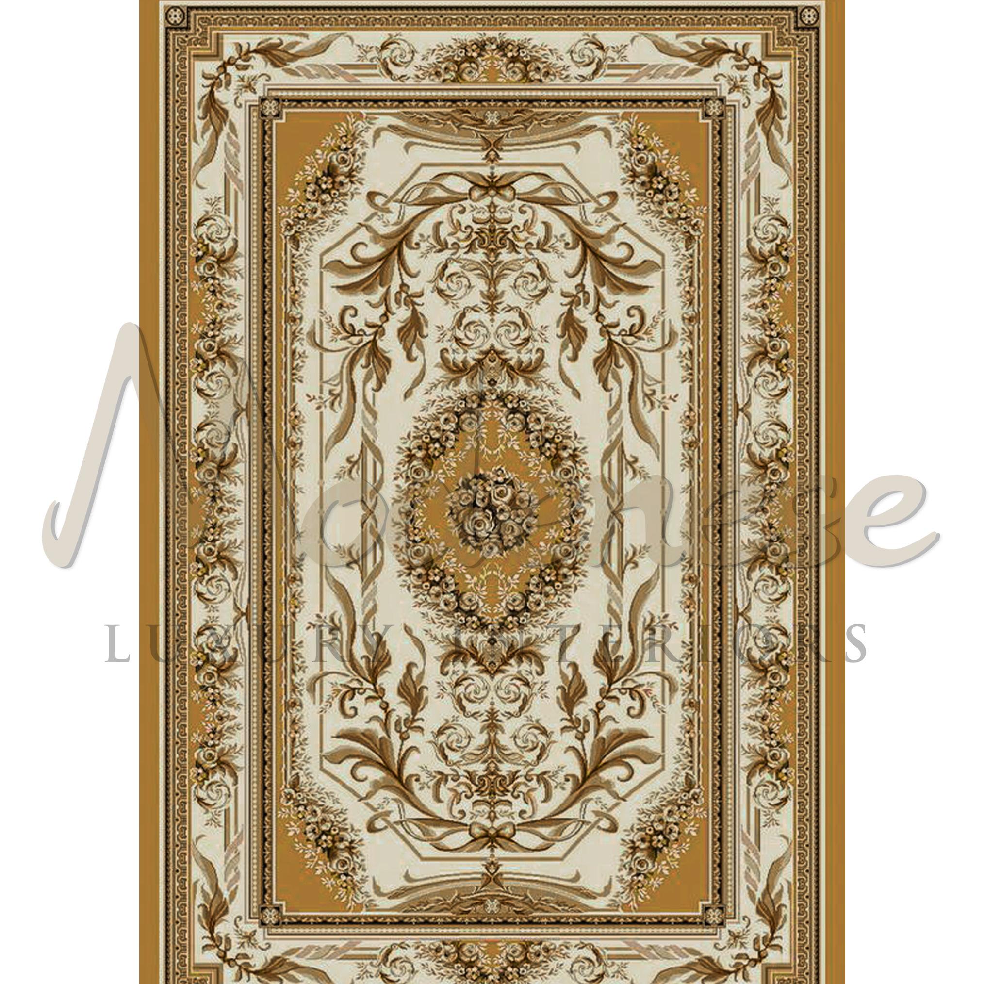 Precious soft 100% bamboo silk oriental rug by Italian producer Modenese Luxury Interiors. Perfect item for a classic ivory-furnished living room. Beige roses and leaves rule over this intricate pattern framed by a white border stripe. Top quality