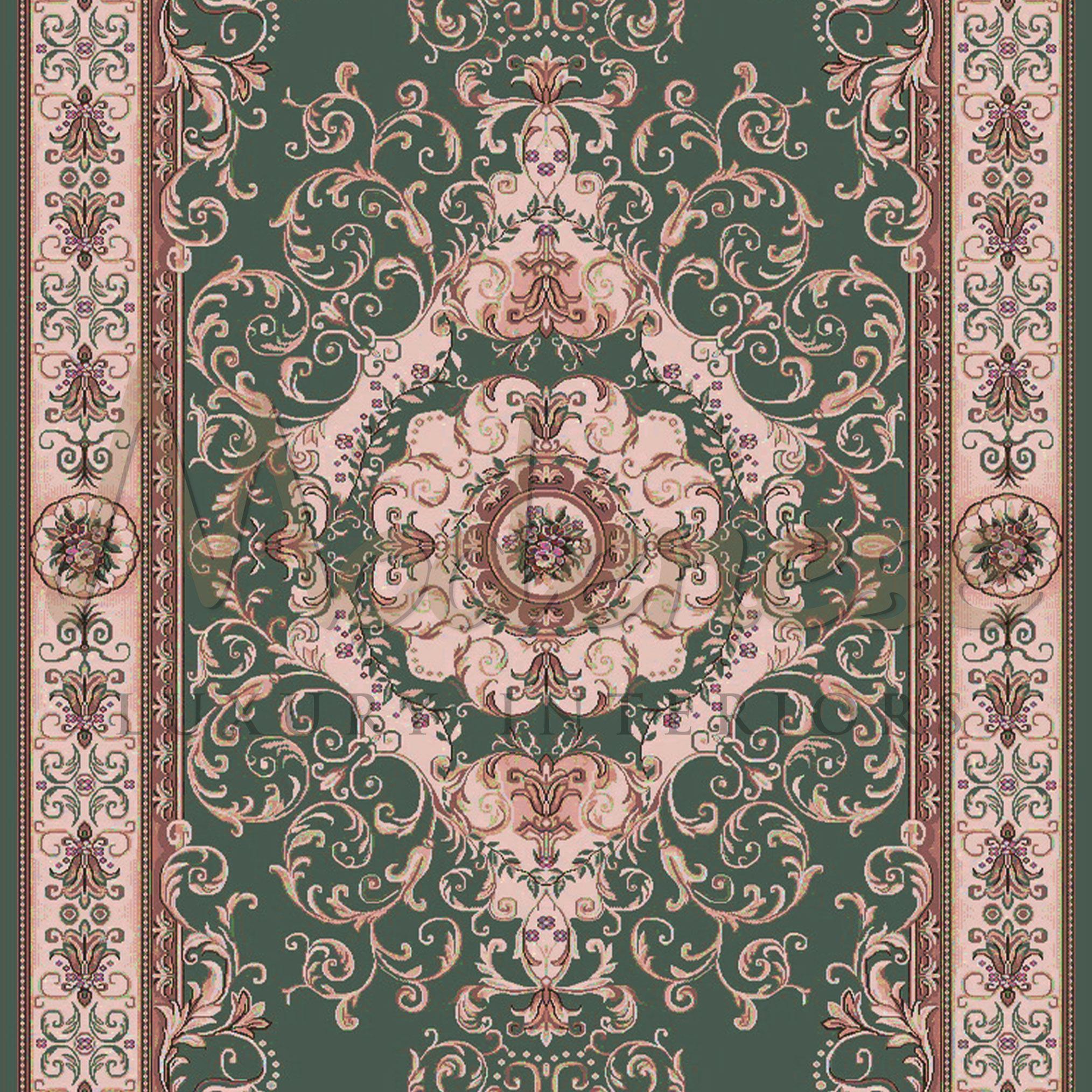 100% bamboo silk and cotton handbraided rectangular rug with intricate pattern of squiggles and blossoms, lisht pink decorations on an emerald background. Goes perfectly in luxury villas and majlis, bespoke production by Modenese Gastone Luxury
