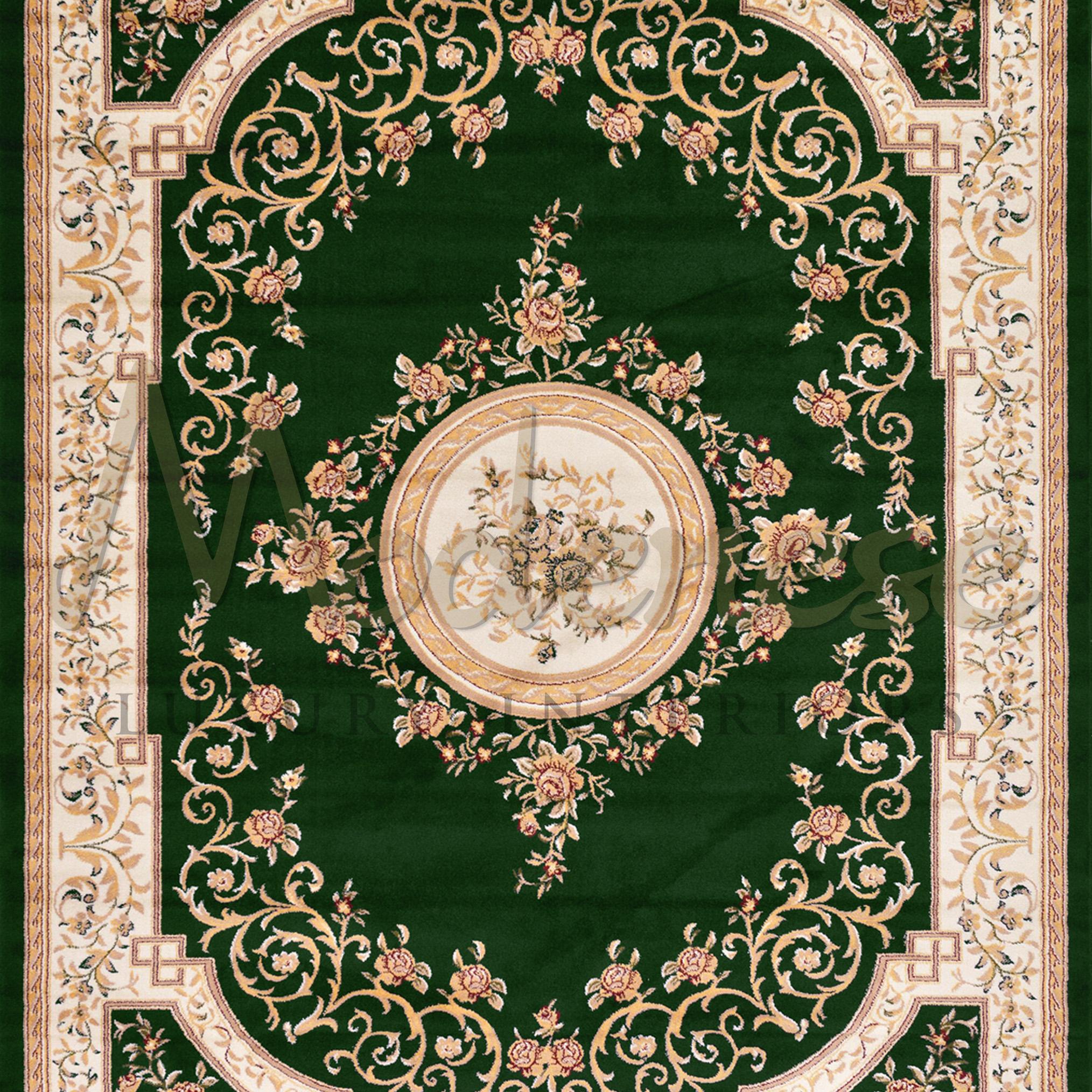 Pure bamboo silk rug with green background and white border stripes, flower decorations. Modenese Interiors artisans preciously handknotted this colorized vintage rug for a lavish classic villa interior project.

  