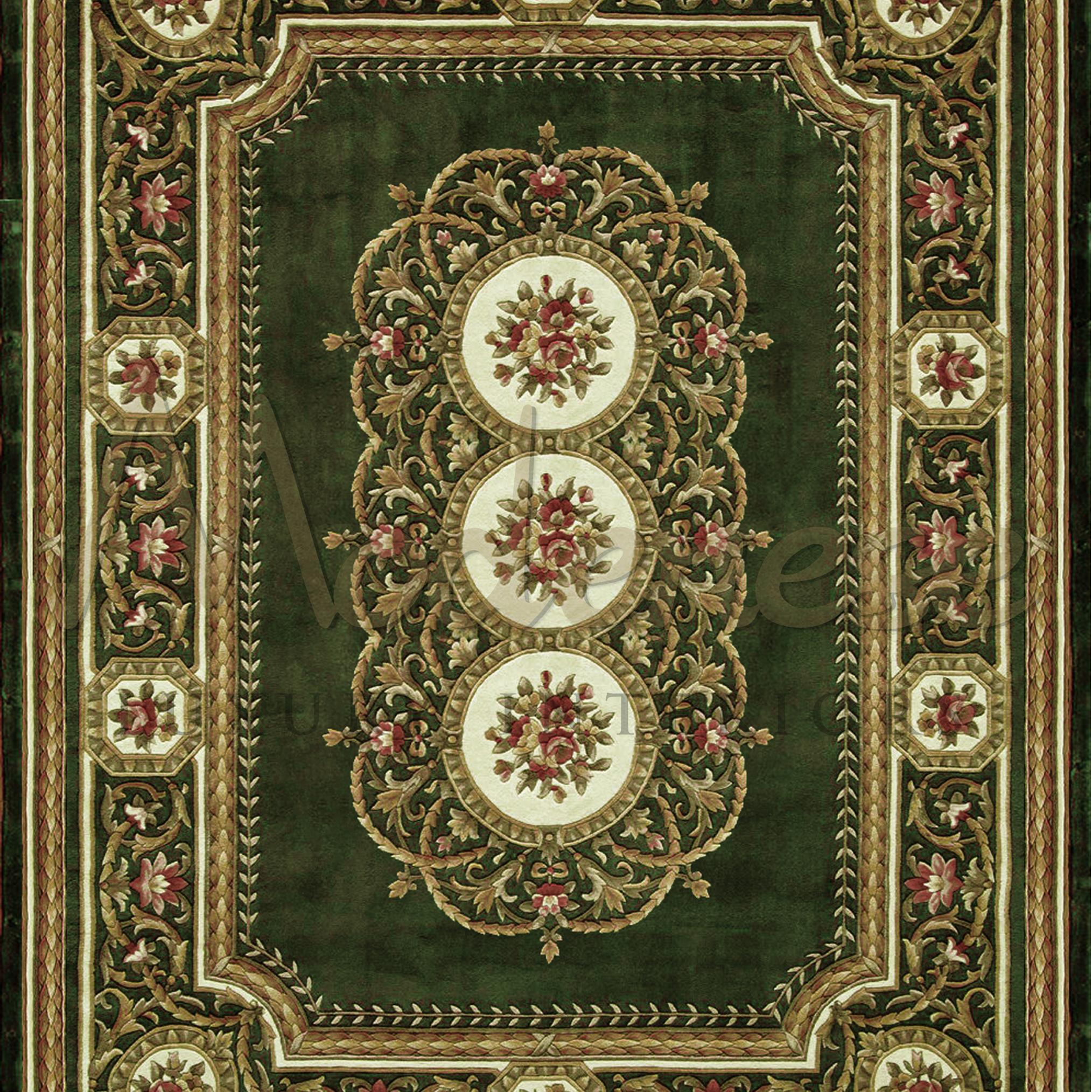 100% bamboo silk rug with emerald background and intricate floreal details. At its center, three wide circles with red roses. Modenese Interiors artisans preciously handbraided this priceless colorized vintage rug for a baroque penthouse interior