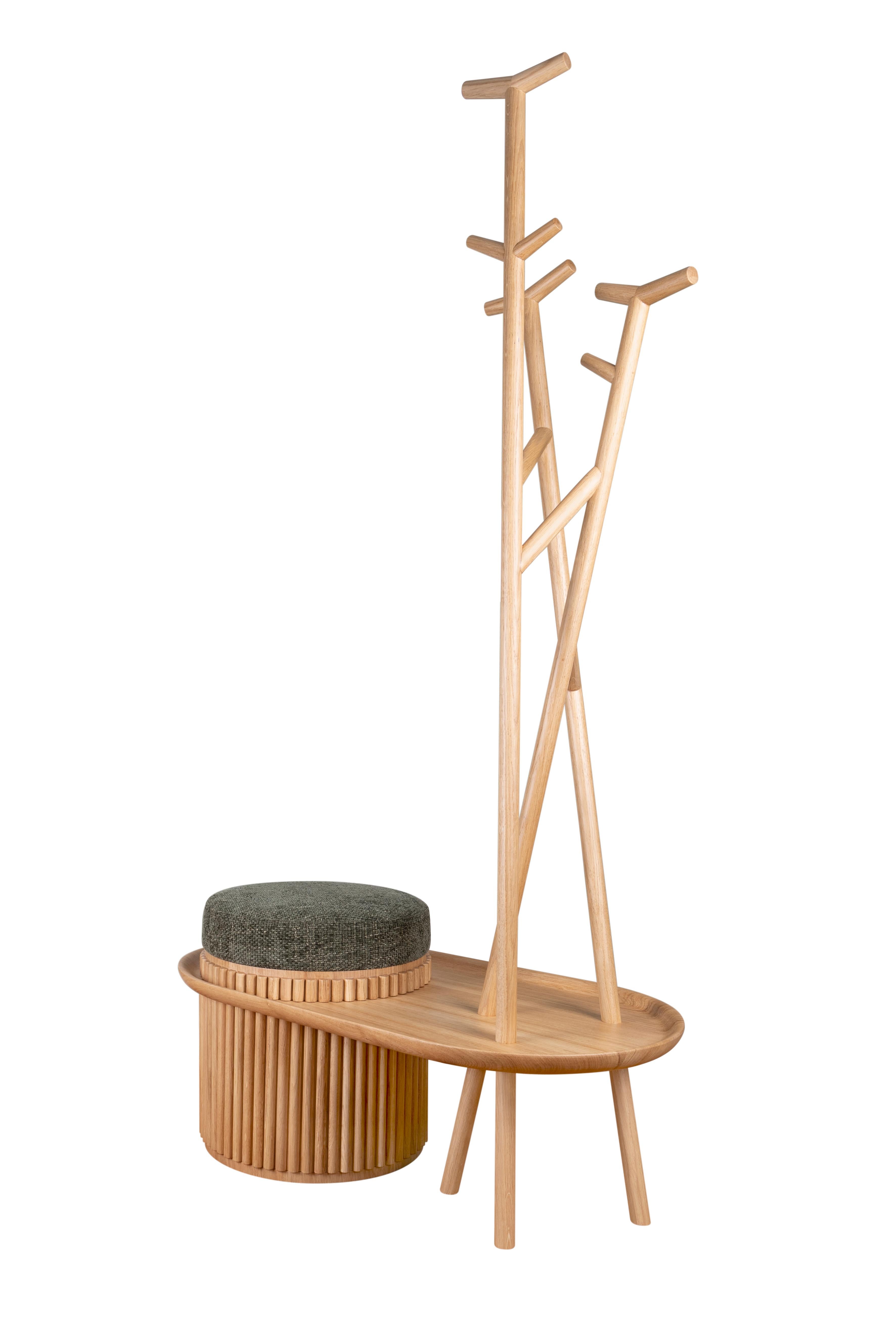 Contemporary 21st Century Barlow Coat Stand Leather Stool and Walnut Wood by Wood Tailors For Sale