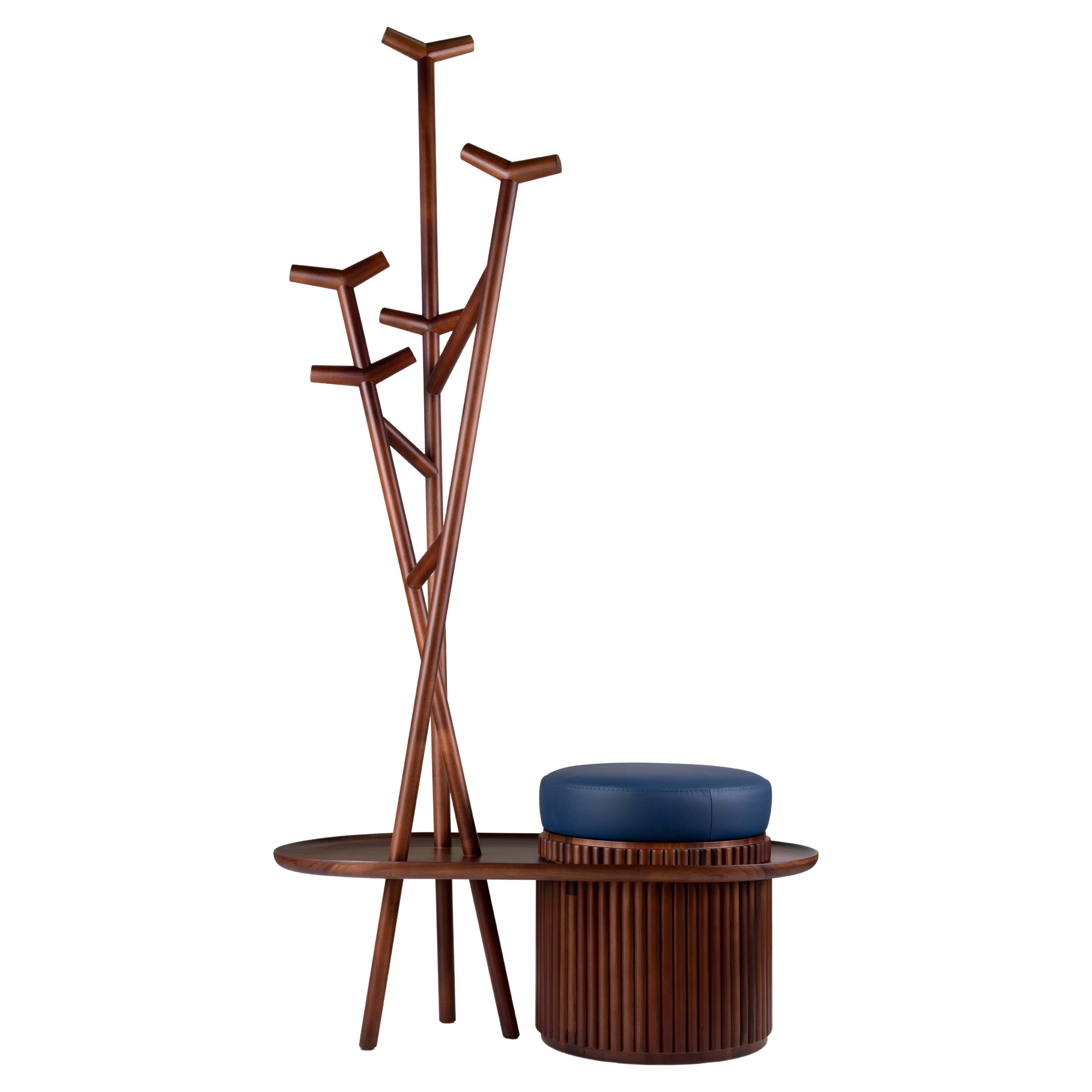 21st Century Barlow Coat Stand Leather Stool and Walnut Wood For Sale at 1stDibs