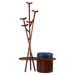 21st Century Barlow Coat Stand Leather Stool and Walnut Wood