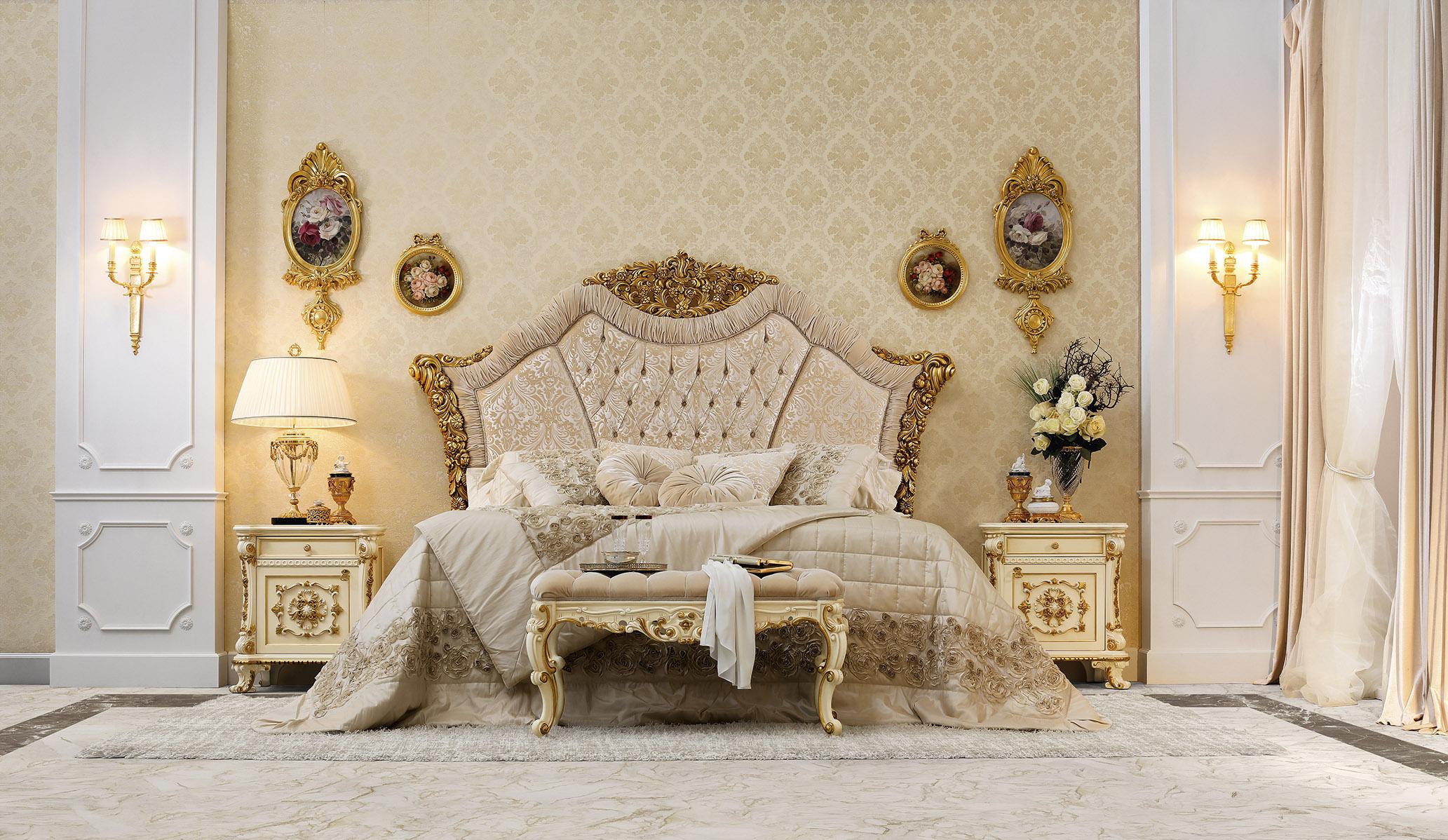 Wake up like a member of the royal family and admire yourself while sitting on this sophisticated dressing unit by Modenese Gastone Interiors, Italian Luxury producer. 

The ivory finish backgrounding precious gold leaf appliqué carved details