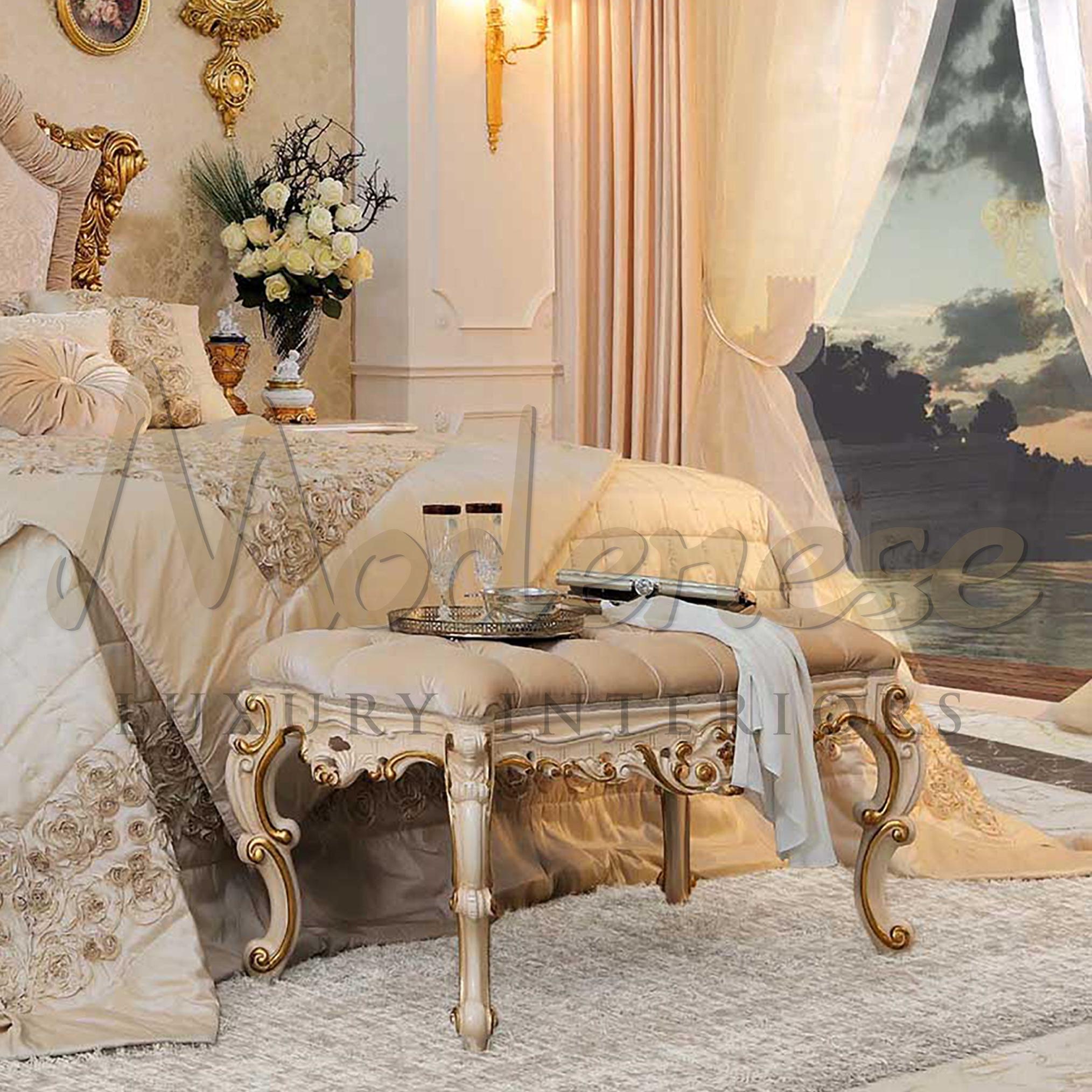 This white baroque bed bench from Modenese Gastone Luxury Interiors, Italian furniture producer, is a superbly elegant yet confortable piece for a classic decor, best showcased in living rooms, bedrooms, lounges, or children's rooms. The sleek