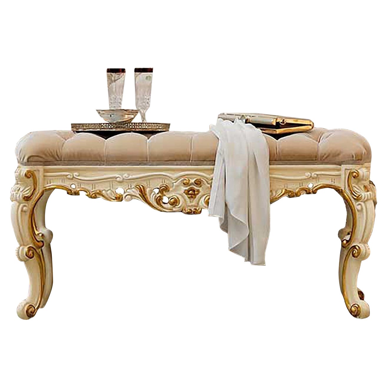 Banco de cama brillante inspirado en el barroco del siglo XXI con pan de oro de Modenese