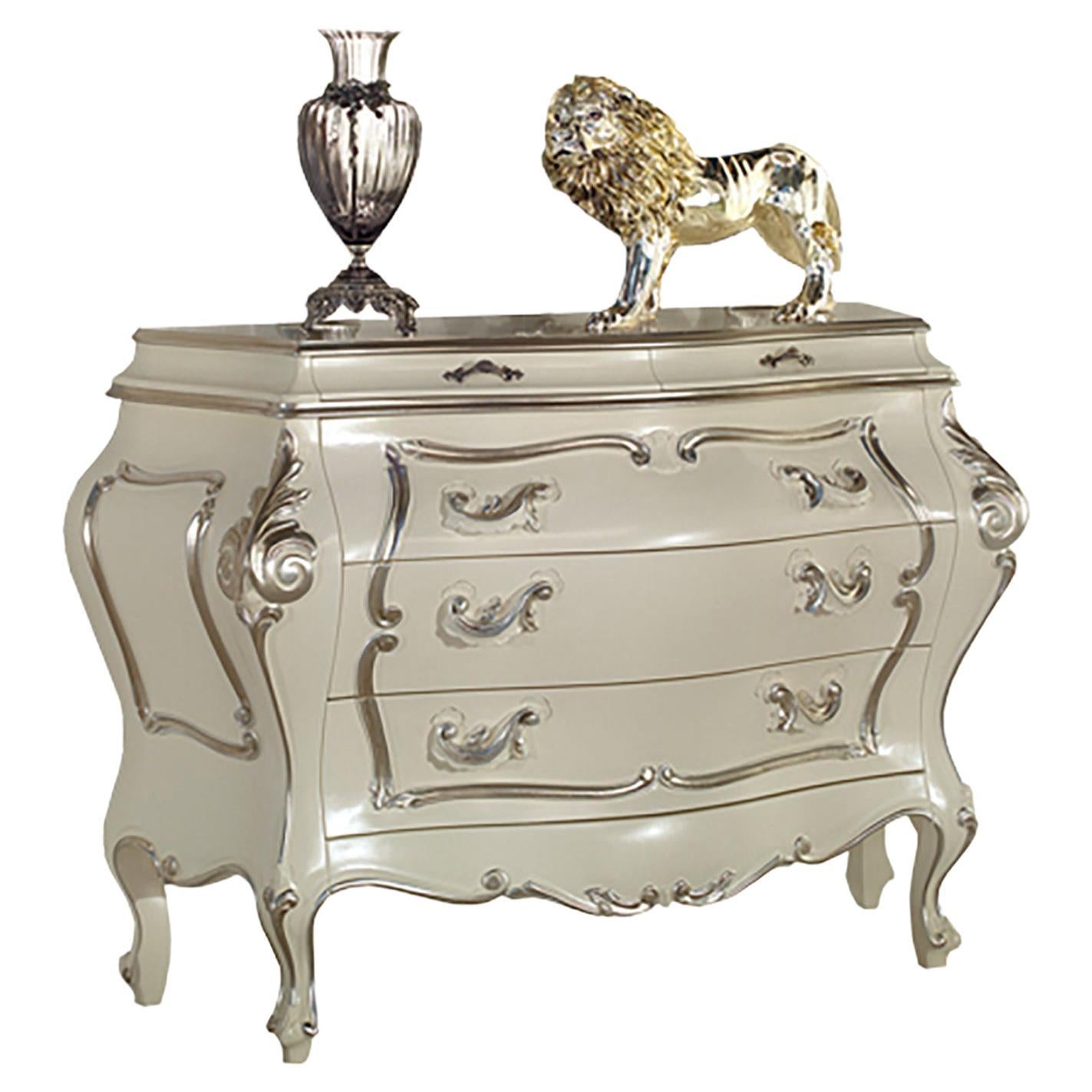 21st Century Baroque White Chest of Drawers with Silver Leaf by Modenese Gastone For Sale