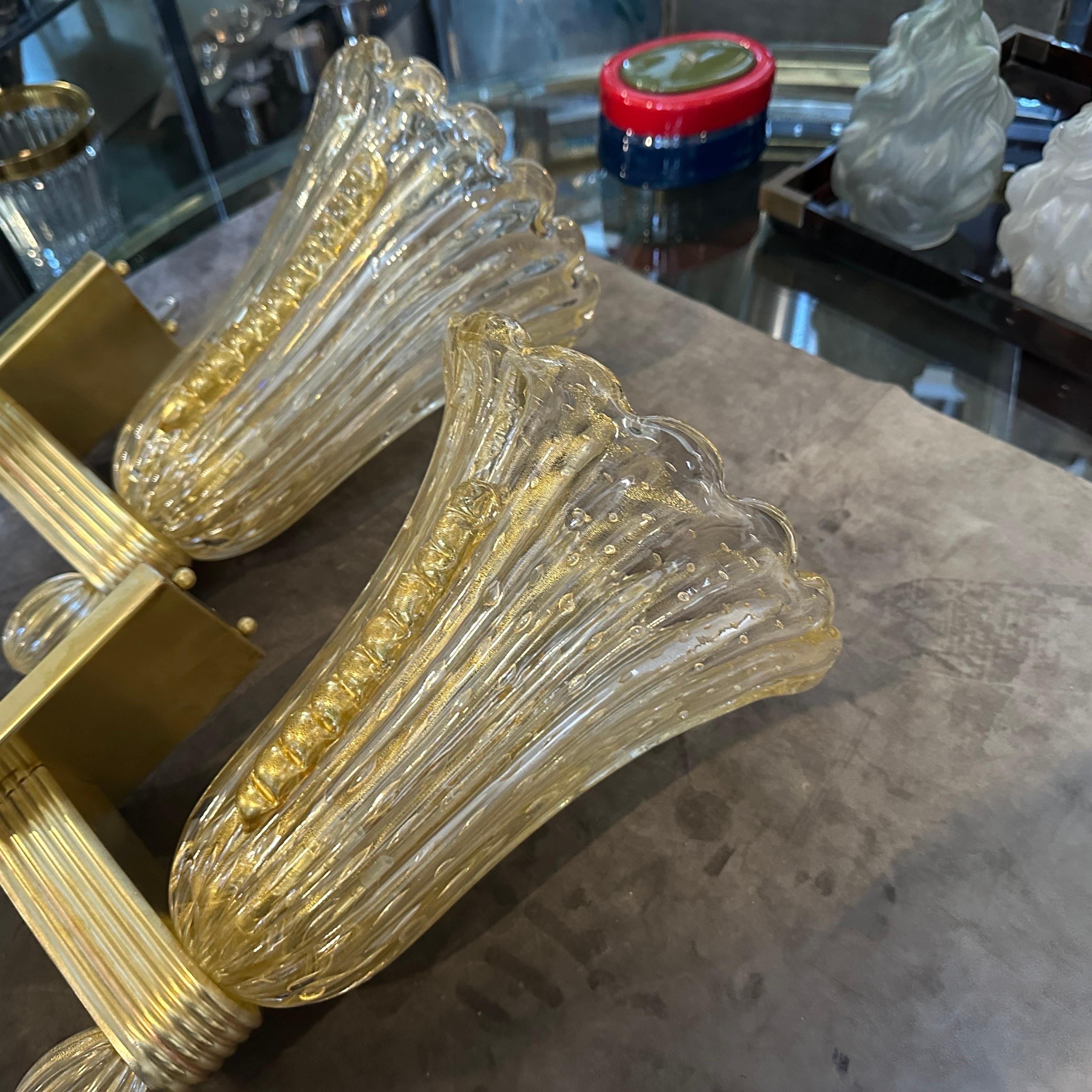 21st Century Barovier Style Modern Amber Murano Glass and Brass Wall Sconces For Sale 3