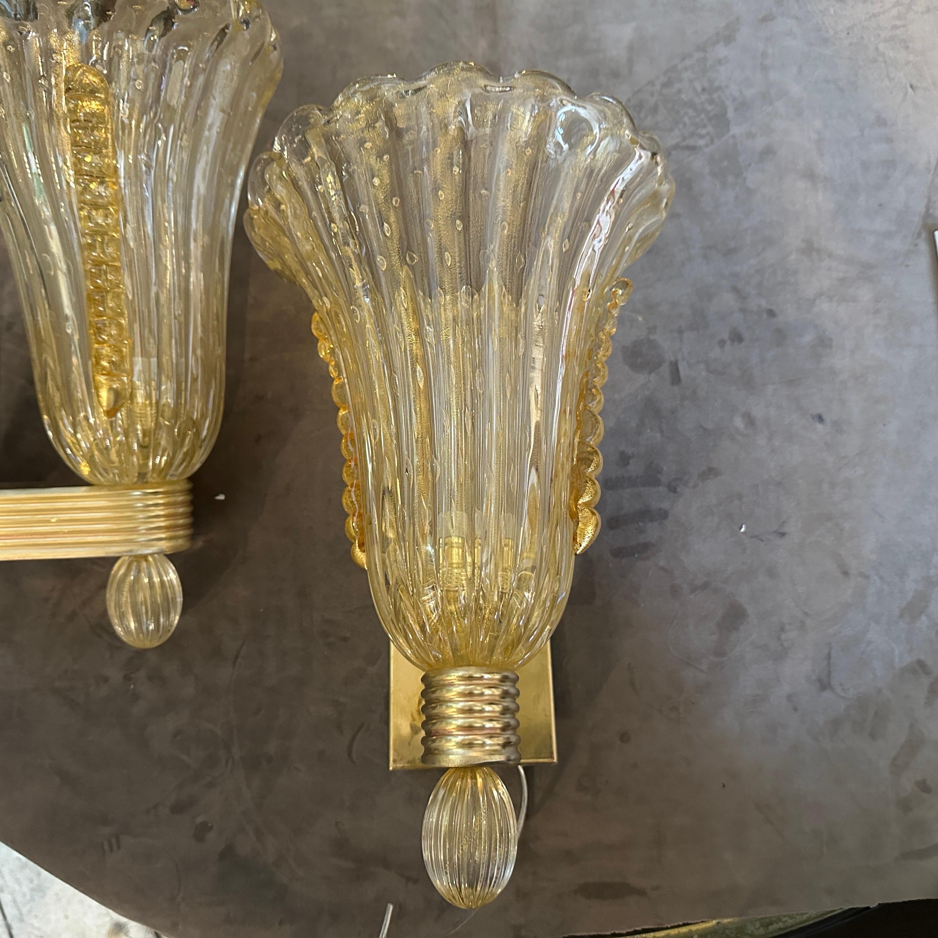 21st Century Barovier Style Modern Amber Murano Glass and Brass Wall Sconces For Sale 4