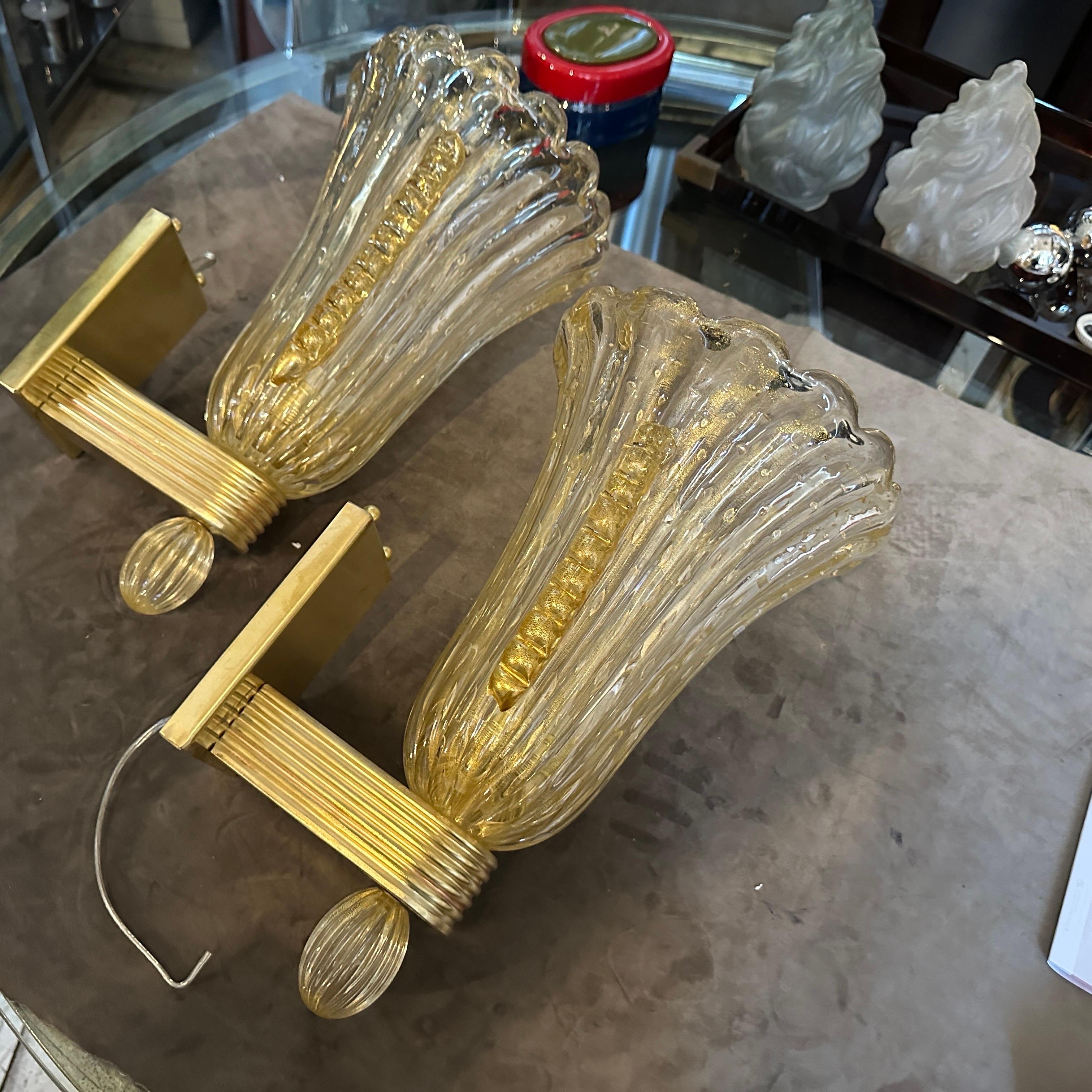 21st Century Barovier Style Modern Amber Murano Glass and Brass Wall Sconces For Sale 5