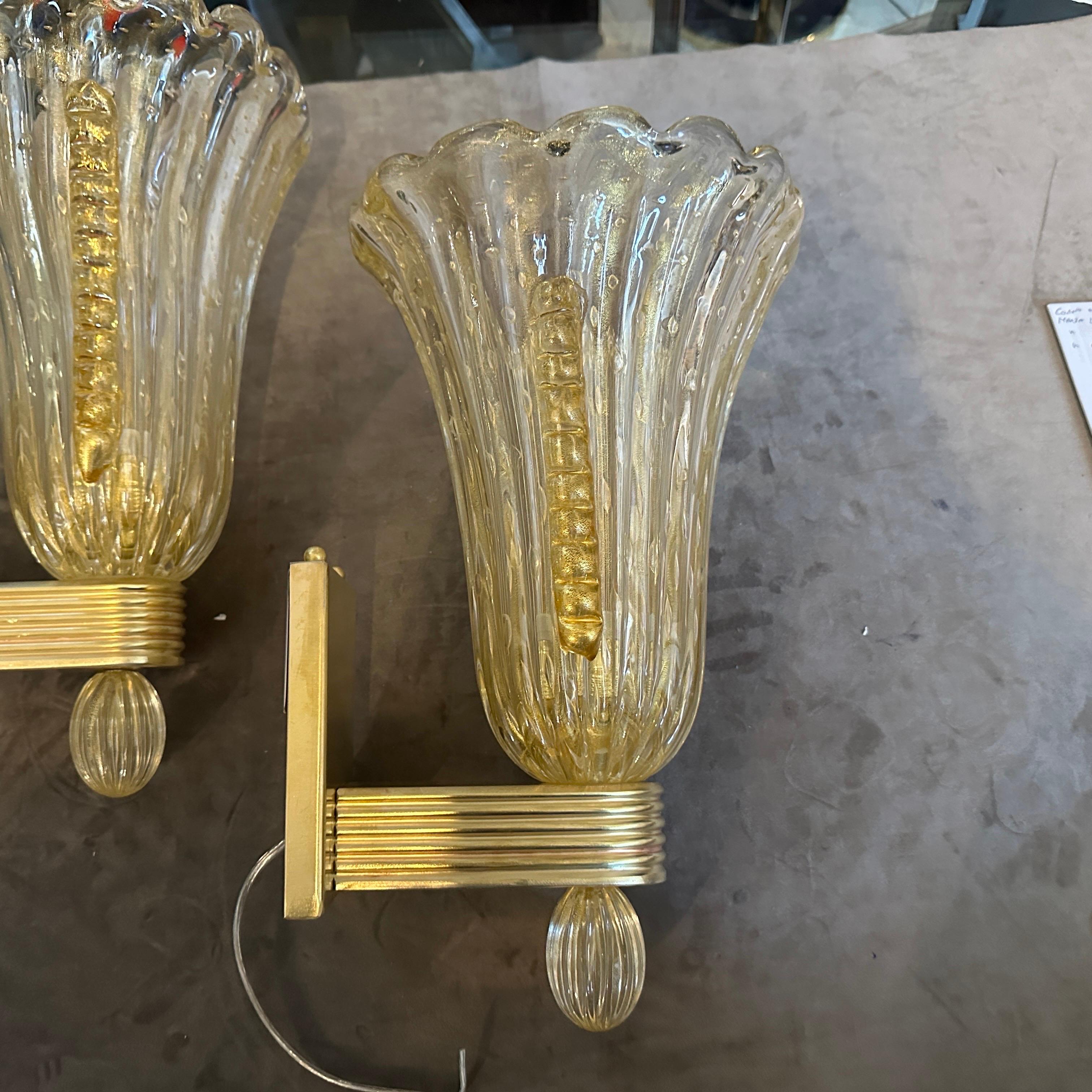 21st Century Barovier Style Modern Amber Murano Glass and Brass Wall Sconces For Sale 6